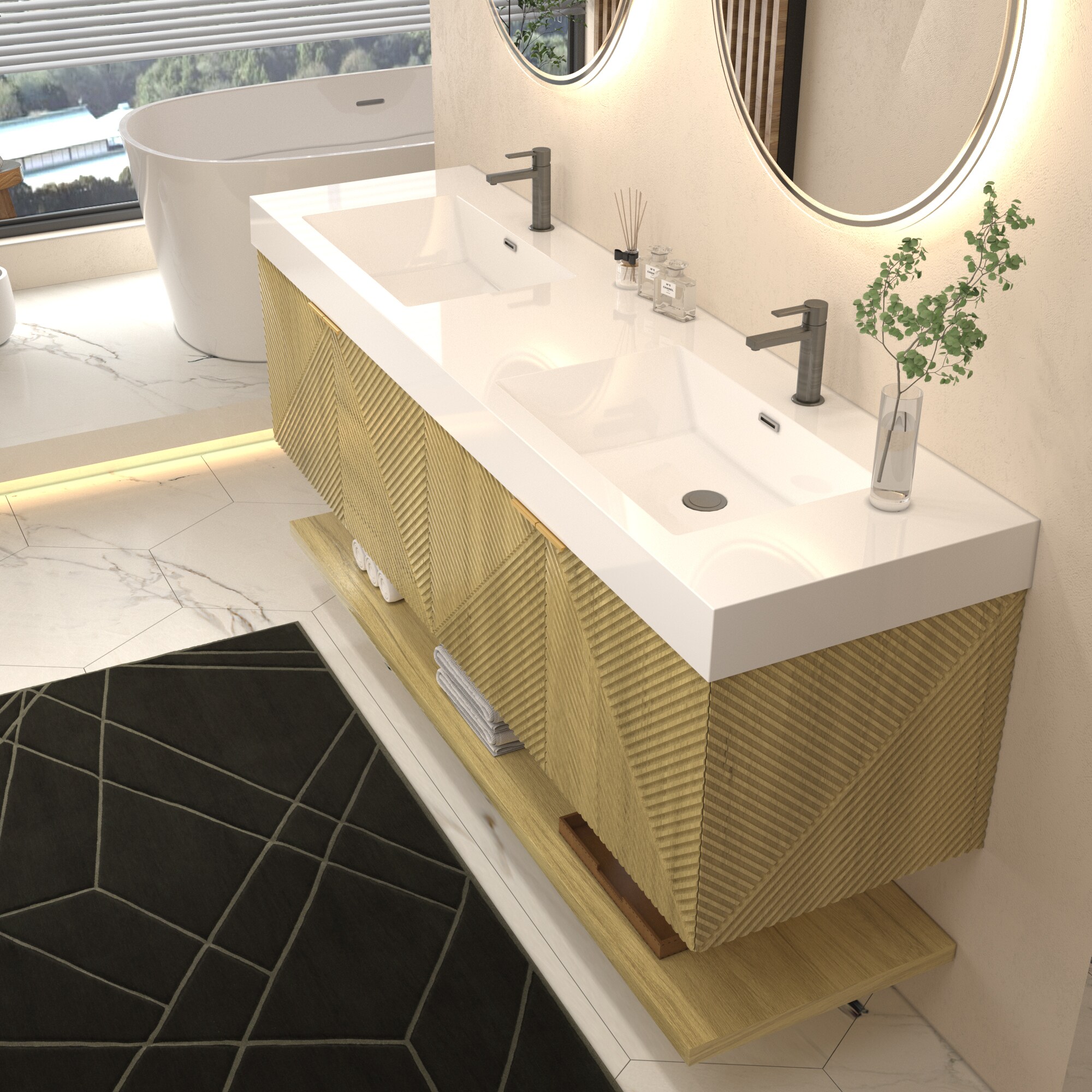 Double sink vanity with gold cabinet and opened storage