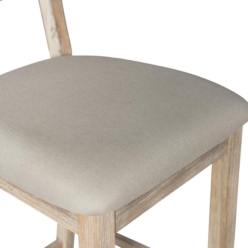 Rustic Gray Wash 46" Acacia Wood Bar Stool with Light Gray Linen Cushion