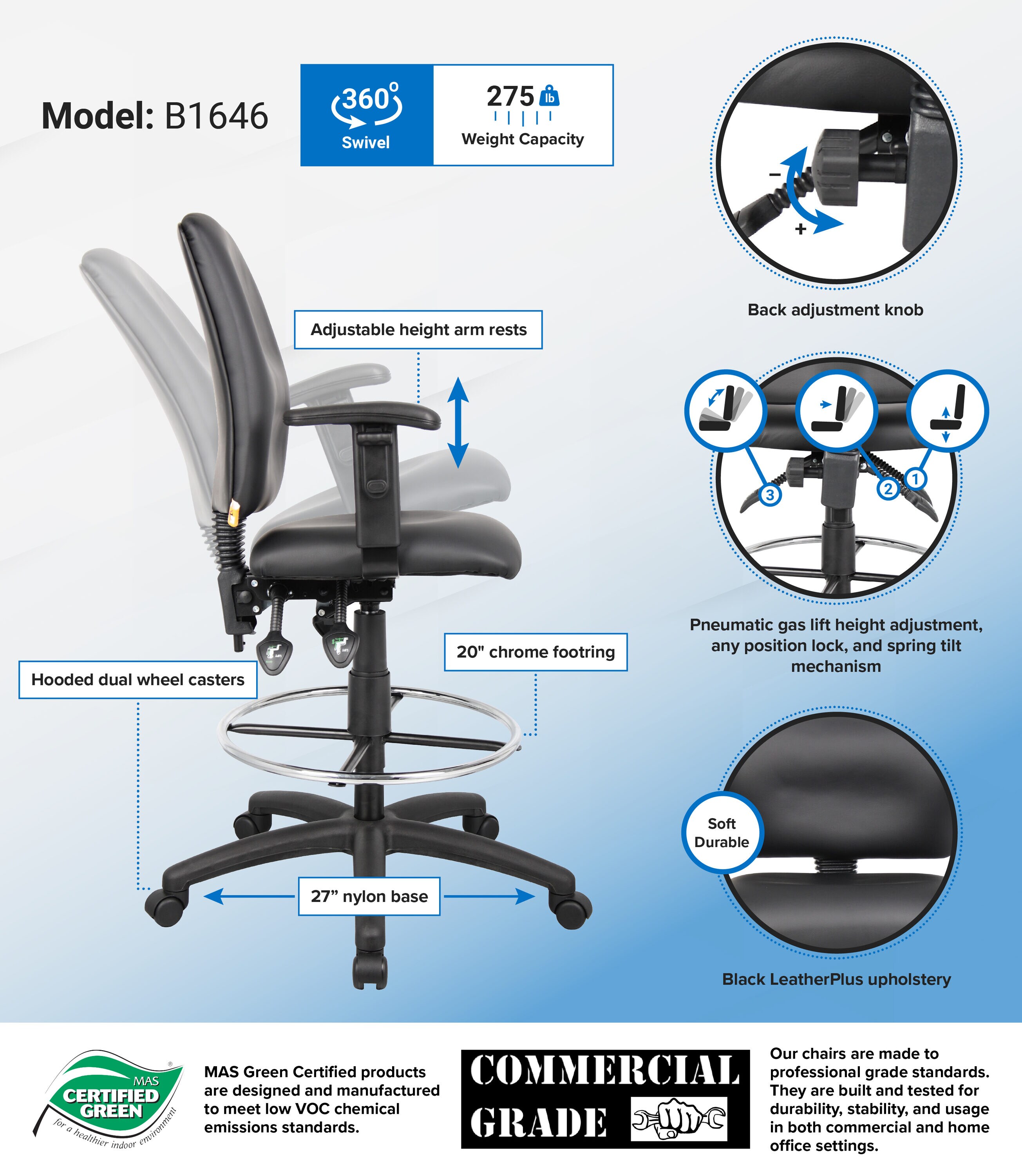 Adjustable Black LeatherPlus Drafting Chair with Swivel & Chrome Footring