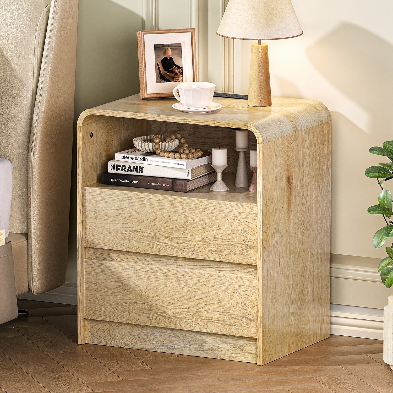 Horizons Prime - 24 inch x 16 inch Nature Smooth Engineered Wood Nightstand with 2 Drawers and Bu...