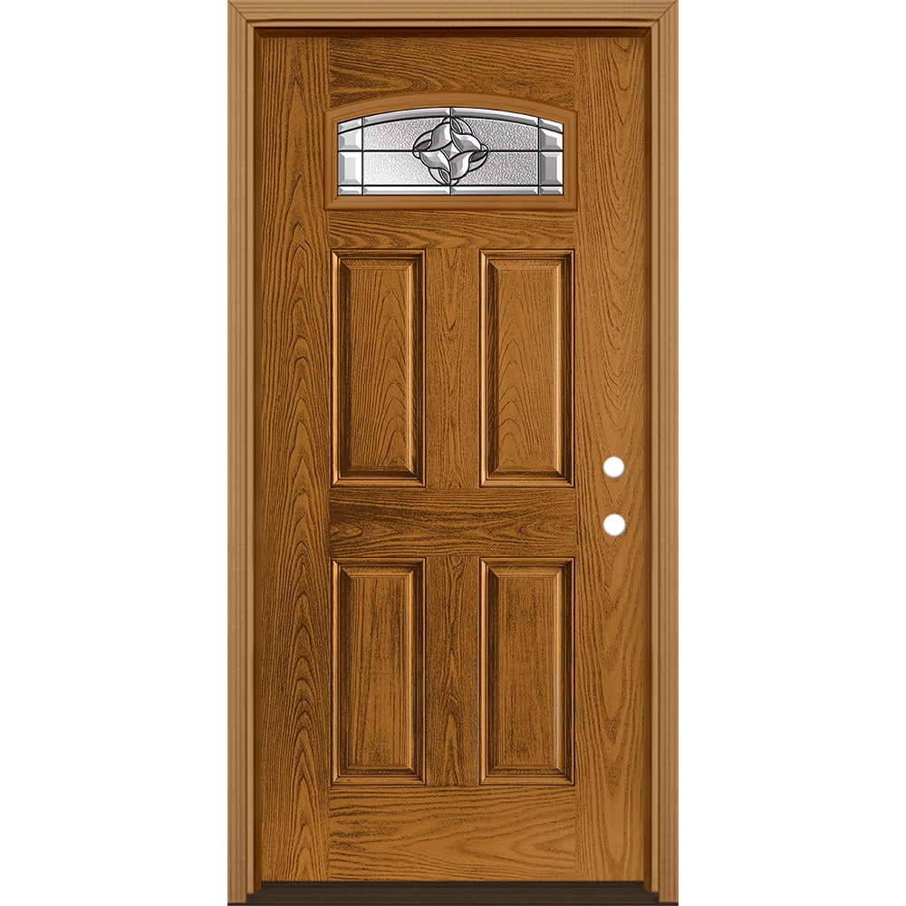 Masonite 3422945 Rozet 36-in x 80-in x 4-9/16-in Fiberglass 1/4 lite Left-hand inswing Oakcrest Stained Prehung Front Door with Brickmould Insulating core