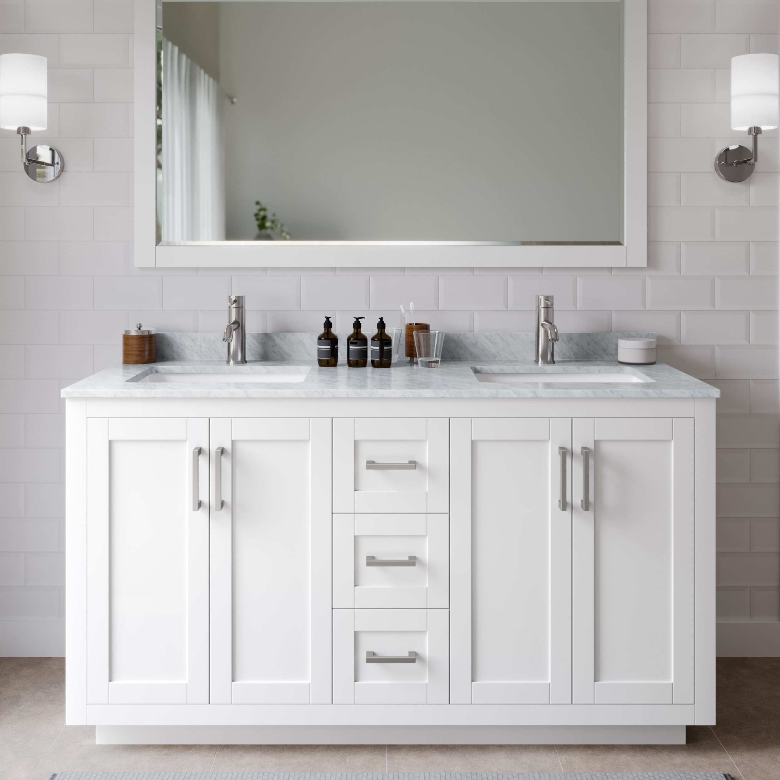 Wyndham Collection WCF292960DWHCMUNSM58 Miranda 60-in White with Brushed Nickel Trim Undermount Double sink Bathroom Vanity with White Carrara Marble Marble Top (Mirror Included)