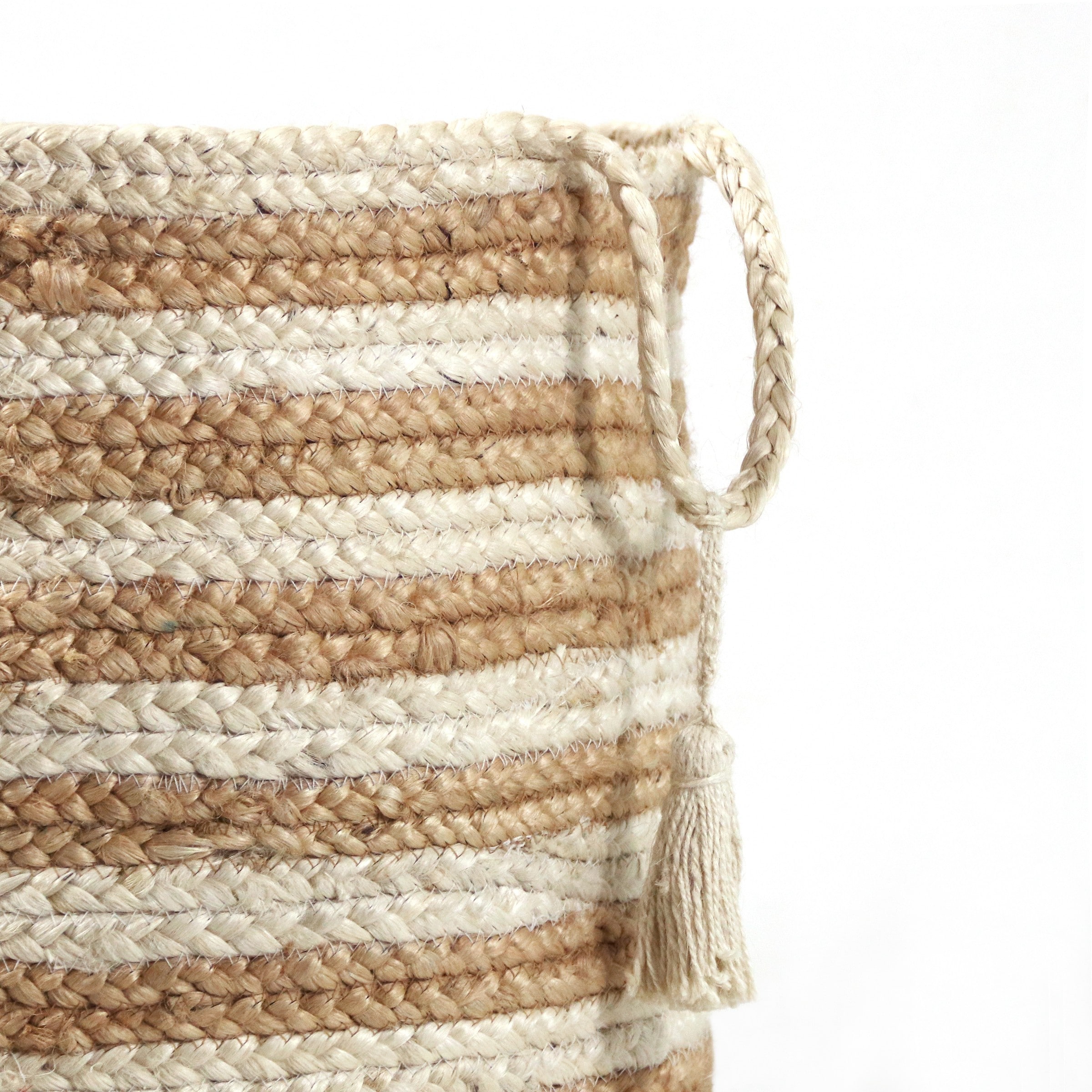 Handmade Striped Natural Jute Round Storage Basket with Handles