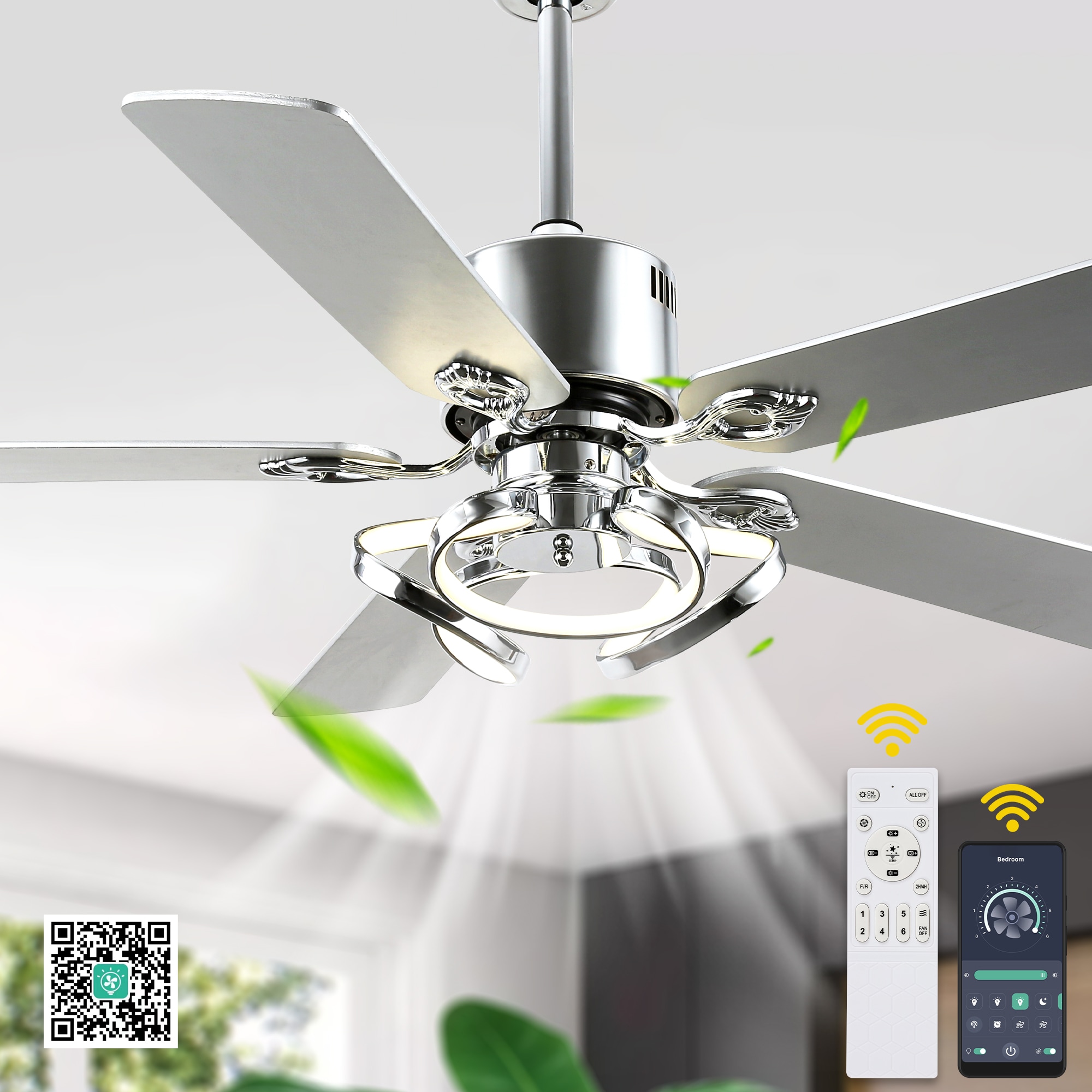 Oaks Decor DC5217OKEL-C Luminia 52-in Color-Changing Integrated LED Smart Chrome with Modern/contemporary Blades Chandelier Ceiling Fan With Light - Remote Included ( 5 -Blade )
