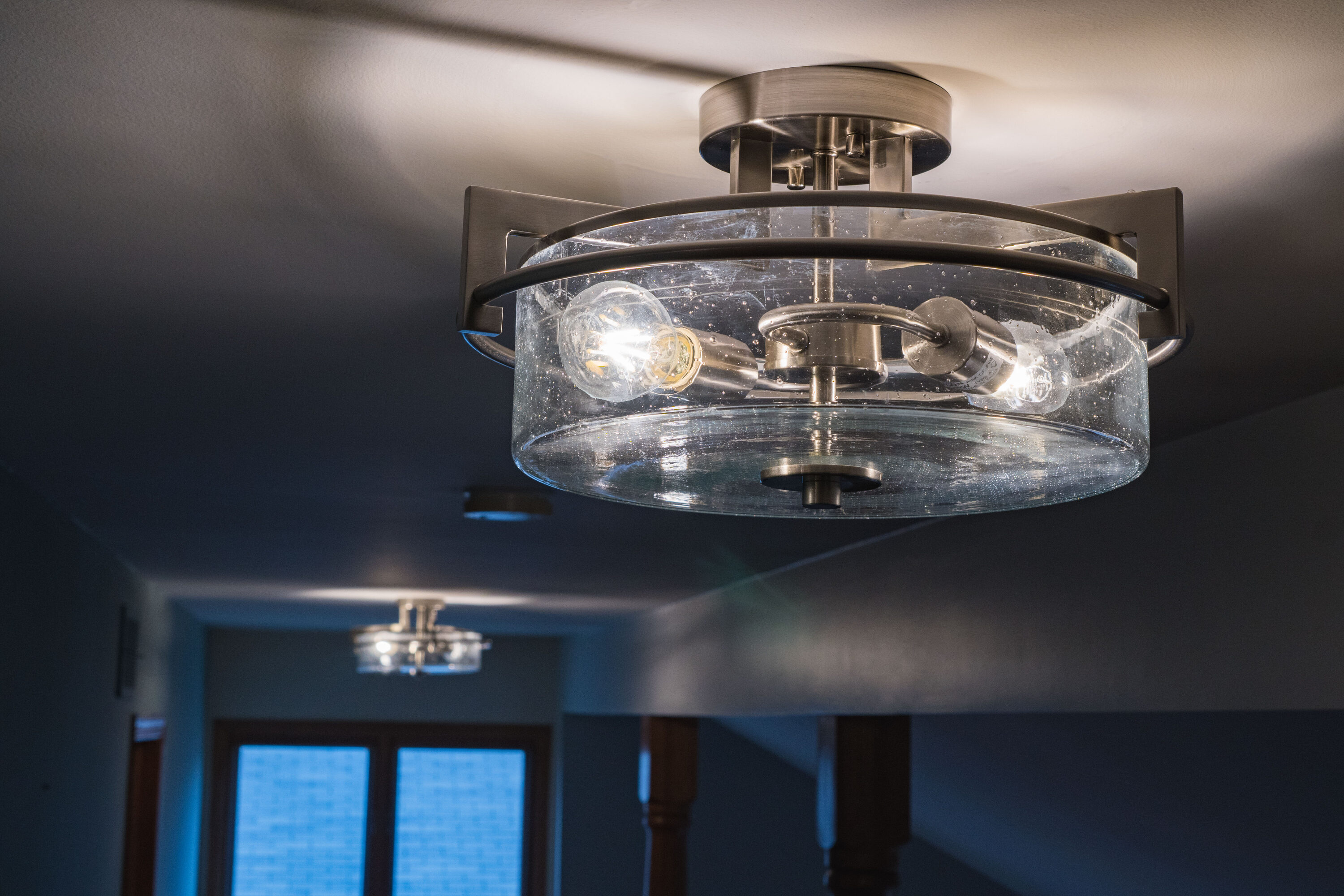Satin Nickel 15" Drum Ceiling Light with Seeded Glass