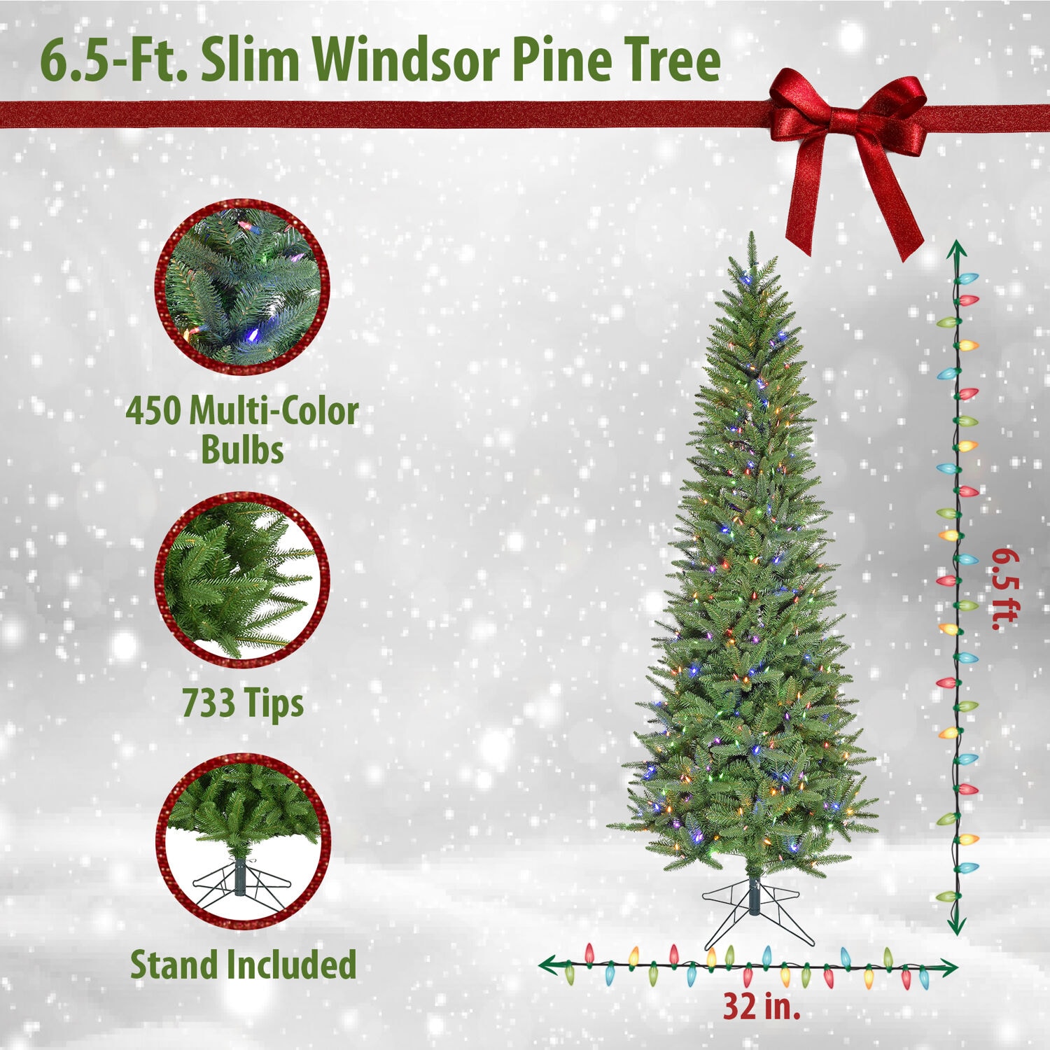 Slim Windsor Pine 6.5 ft Artificial Christmas Tree with Multi-Color LED Lights