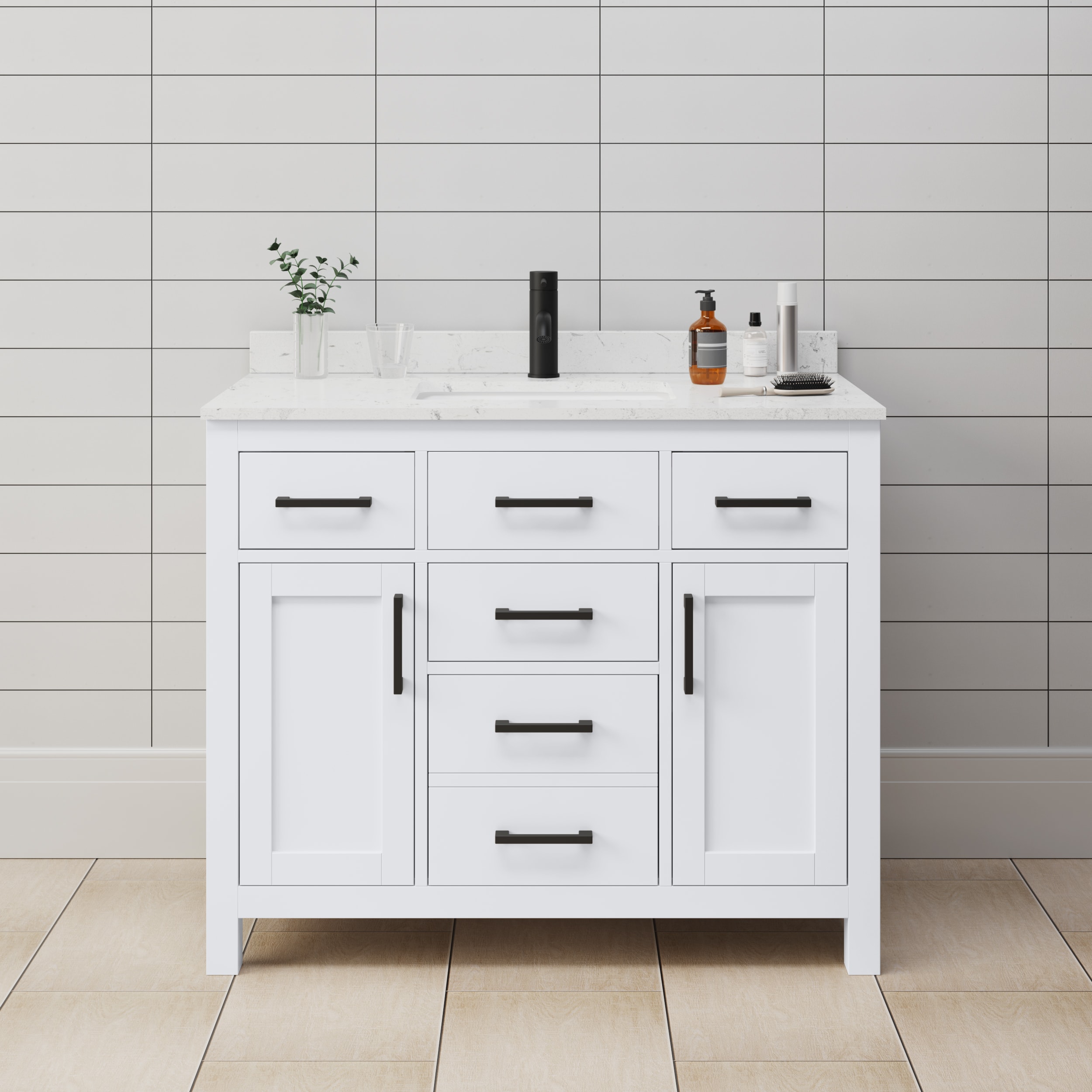 Wyndham Collection WCG242442SWBCCUNSMXX Beckett 42-in White with Matte Black Trim Undermount Single sink Bathroom Vanity with Carrara Cultured Marble Cultured marble Top