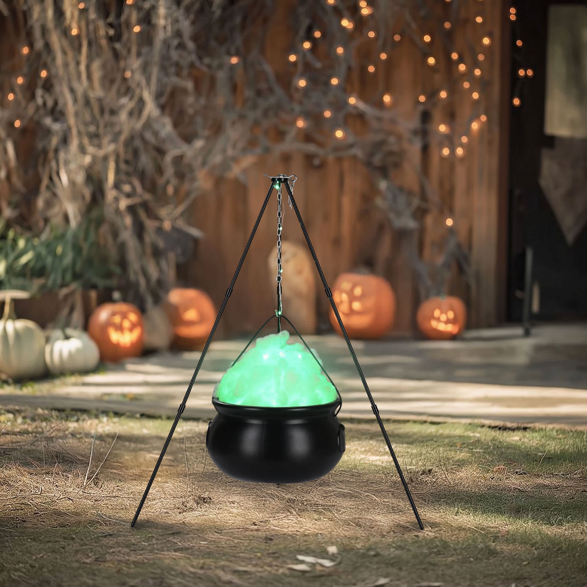 Yescom 60HAL064-ZGB-06-LO Halloween Witches Cauldron Large 31 inch Tripod Hanging Black Pot LED Light Adjustable Chain Hook Decoration