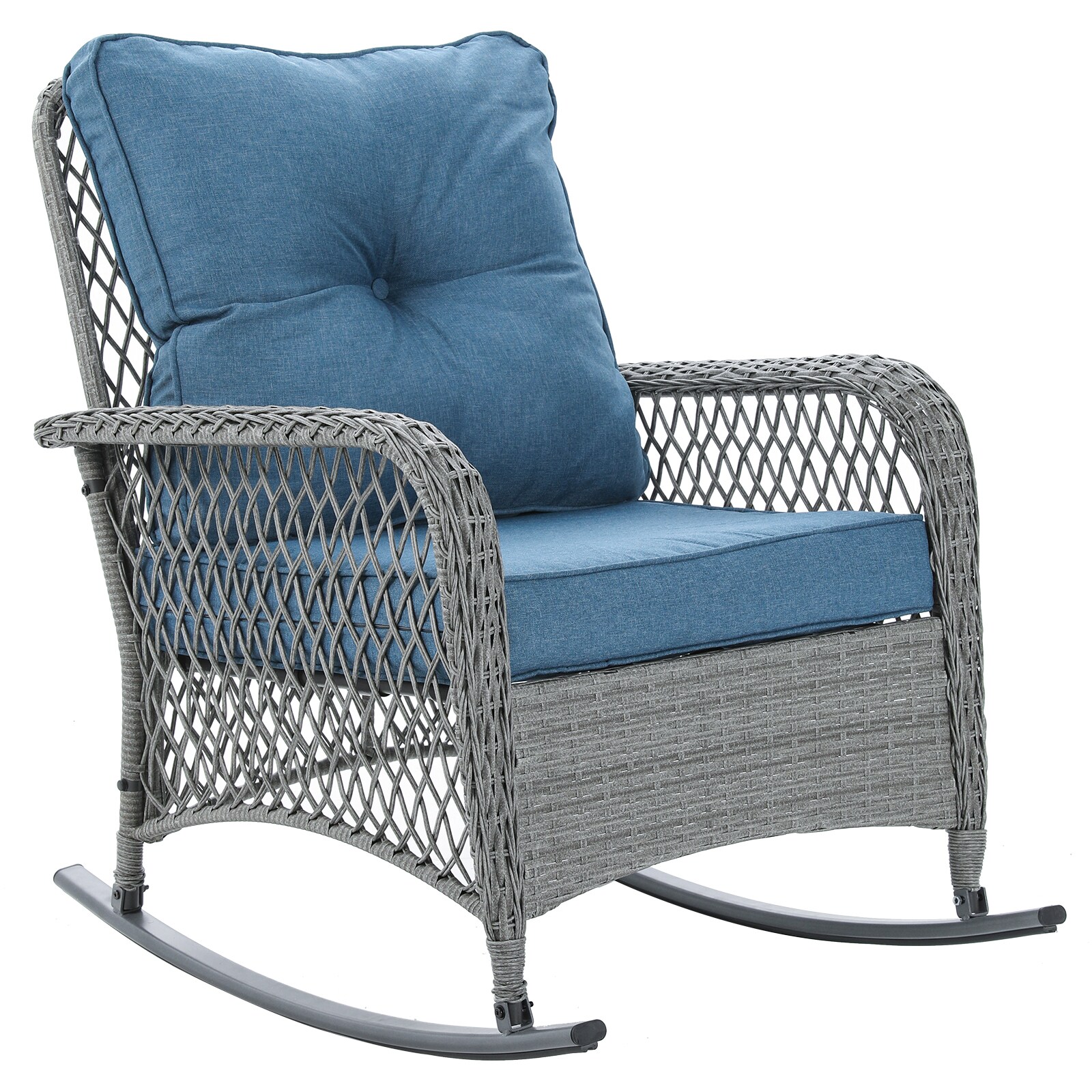 UDPATIO BTYY001HTBL-LW Ashland Wicker Gray Metal Frame Rocking Chair with Blue Cushioned Seat