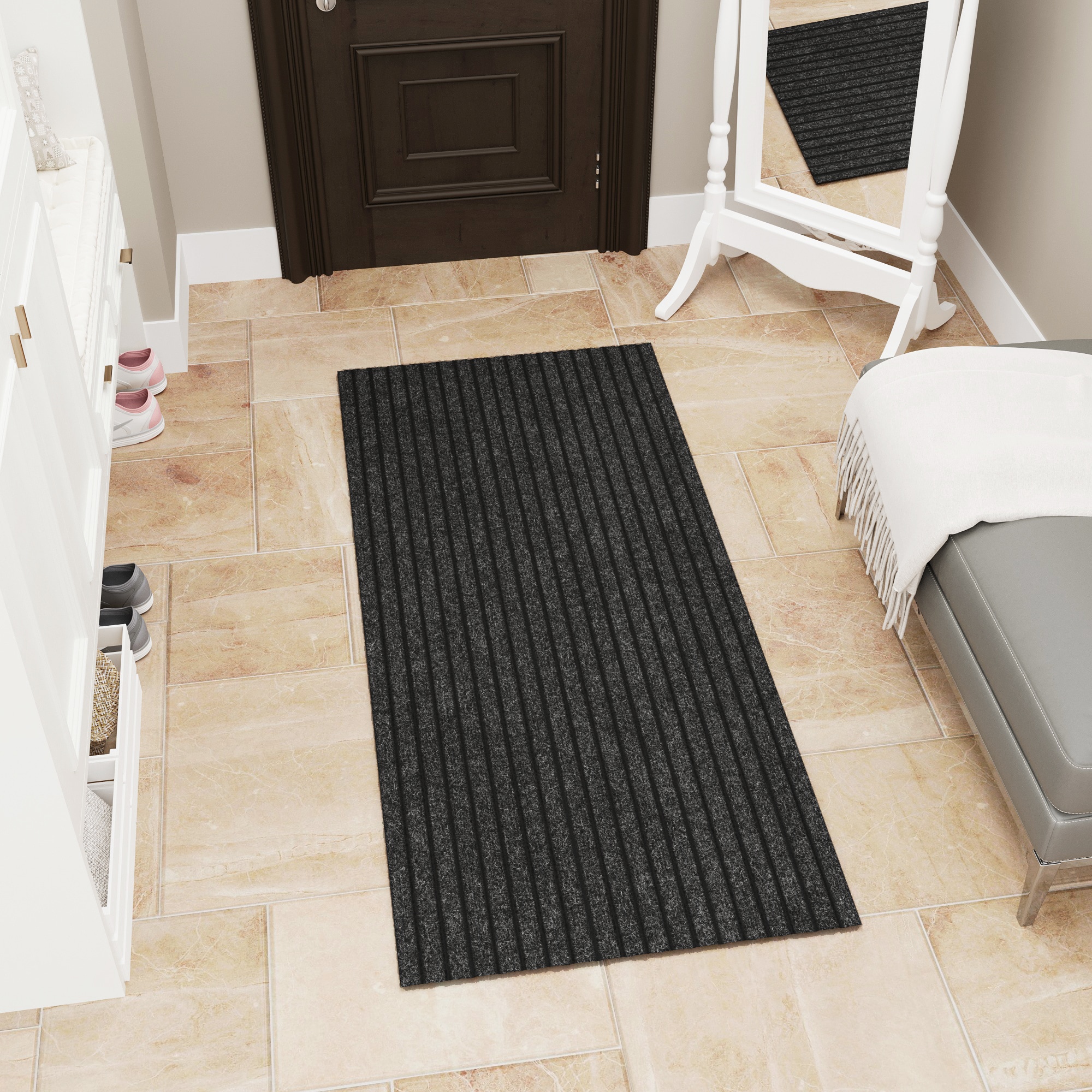 Ottomanson SRT804-2X4 Non-Slip Utility Entryway Mat 2 x 4 (ft) Loomed Polyester Black Ribbed Rectangular Indoor/Outdoor Industrial Area rug