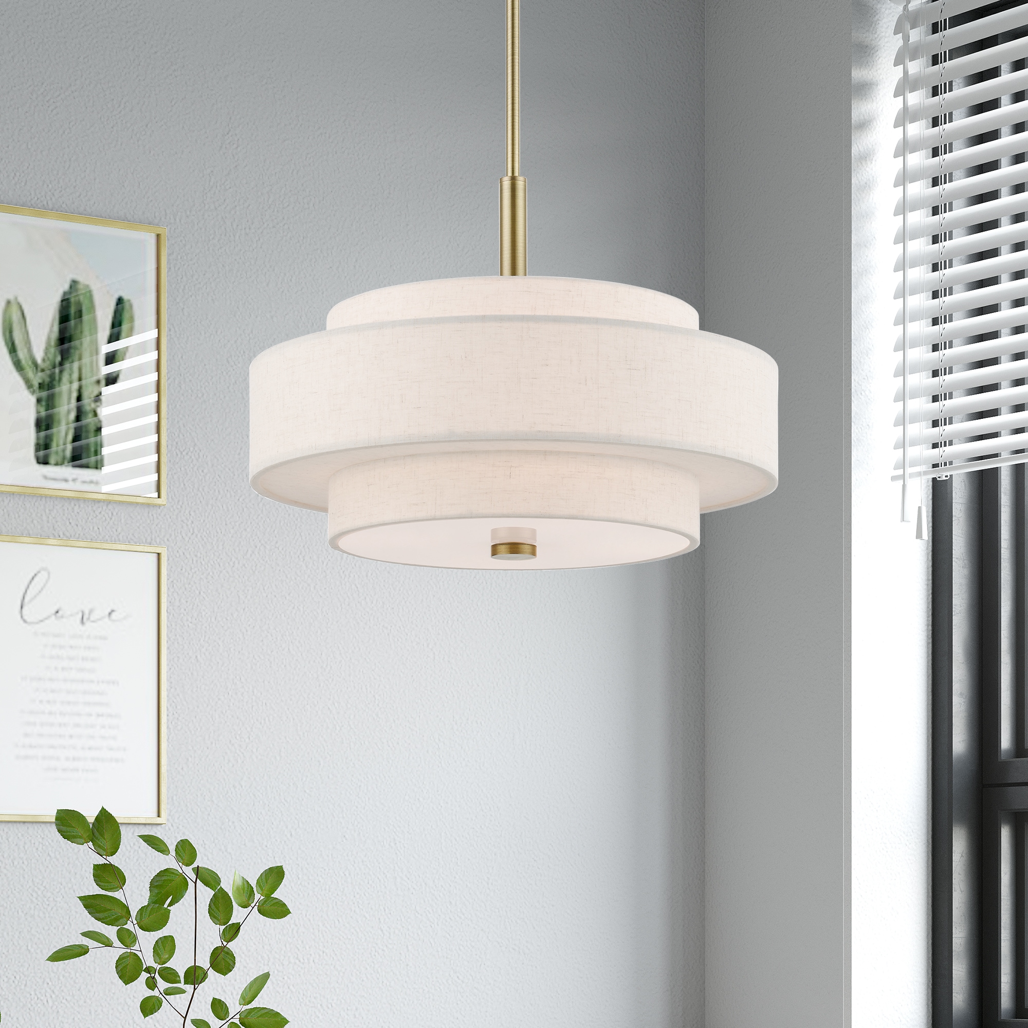 Mini Monroe Antique Brass 4-Light Drum Pendant with Oatmeal Shade