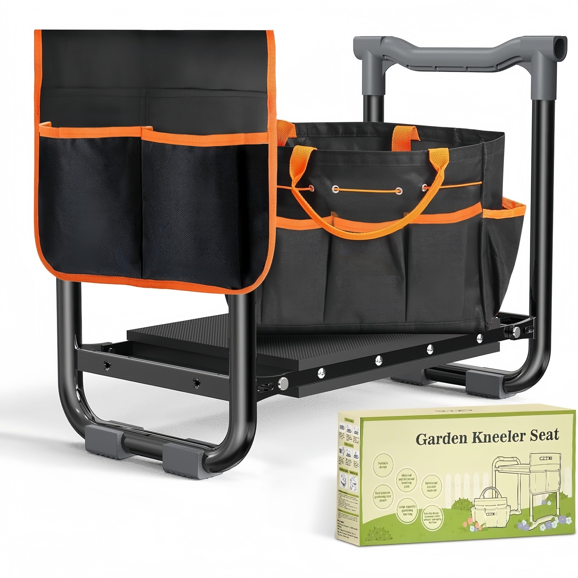 Numhew 21.65in D 11.65in W 17.32in H 2-Function Black Orange Garden Kneeler Seat