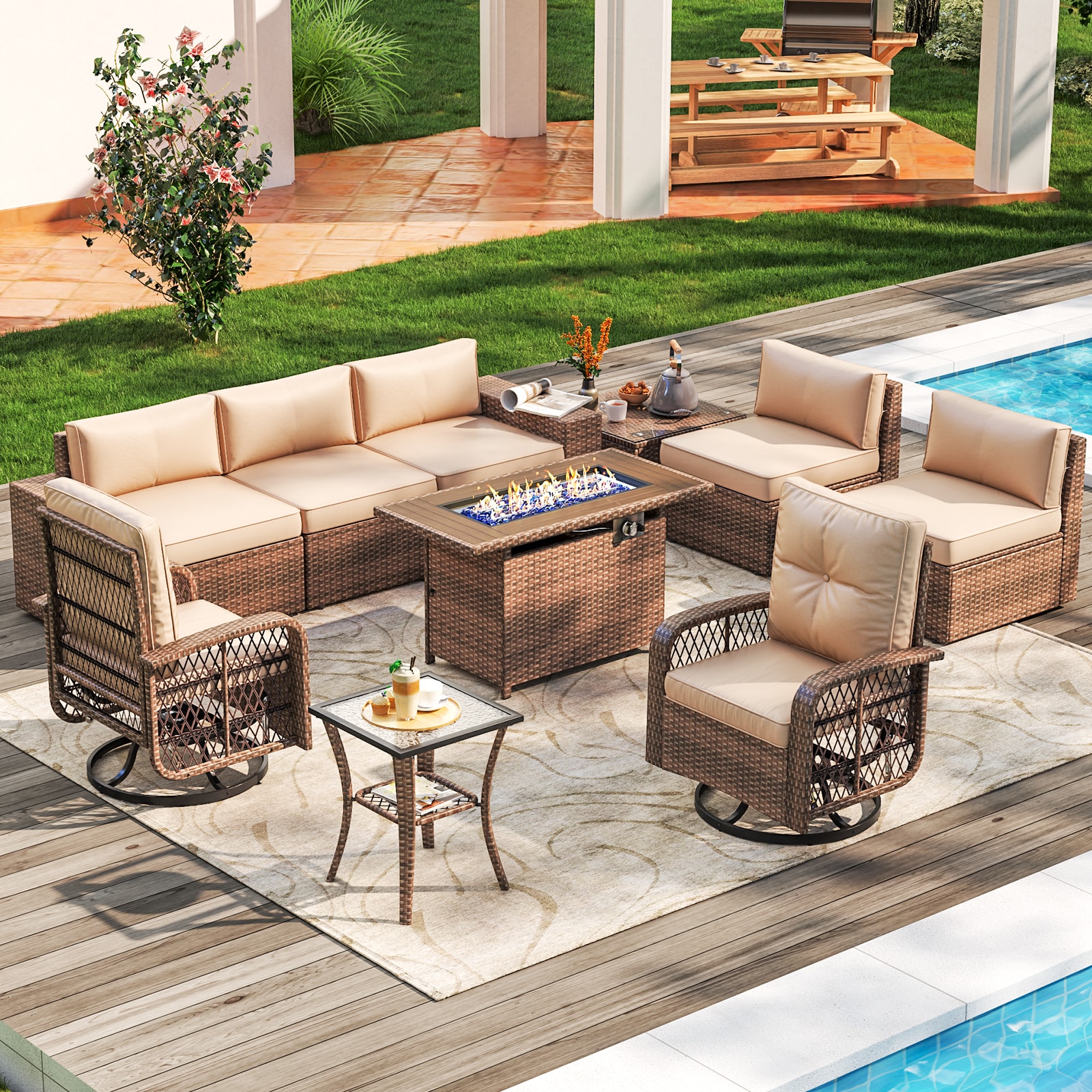 AOXUN G12039BU2AB+026BR 10 -Piece Rattan Patio Sofa Conversation Set with Red