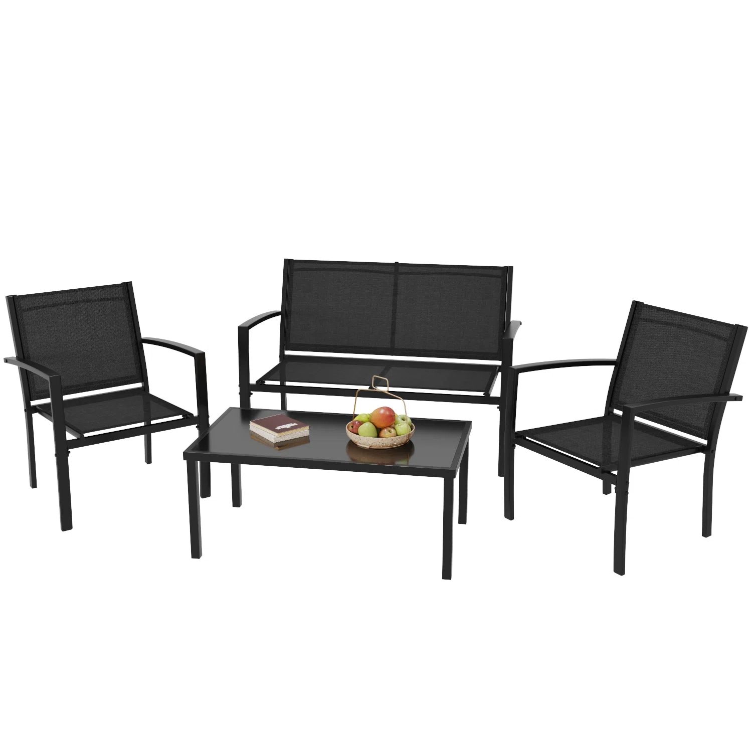 Vineego 4-Piece Black Patio Conversation Set with Glass Coffee Table in ...