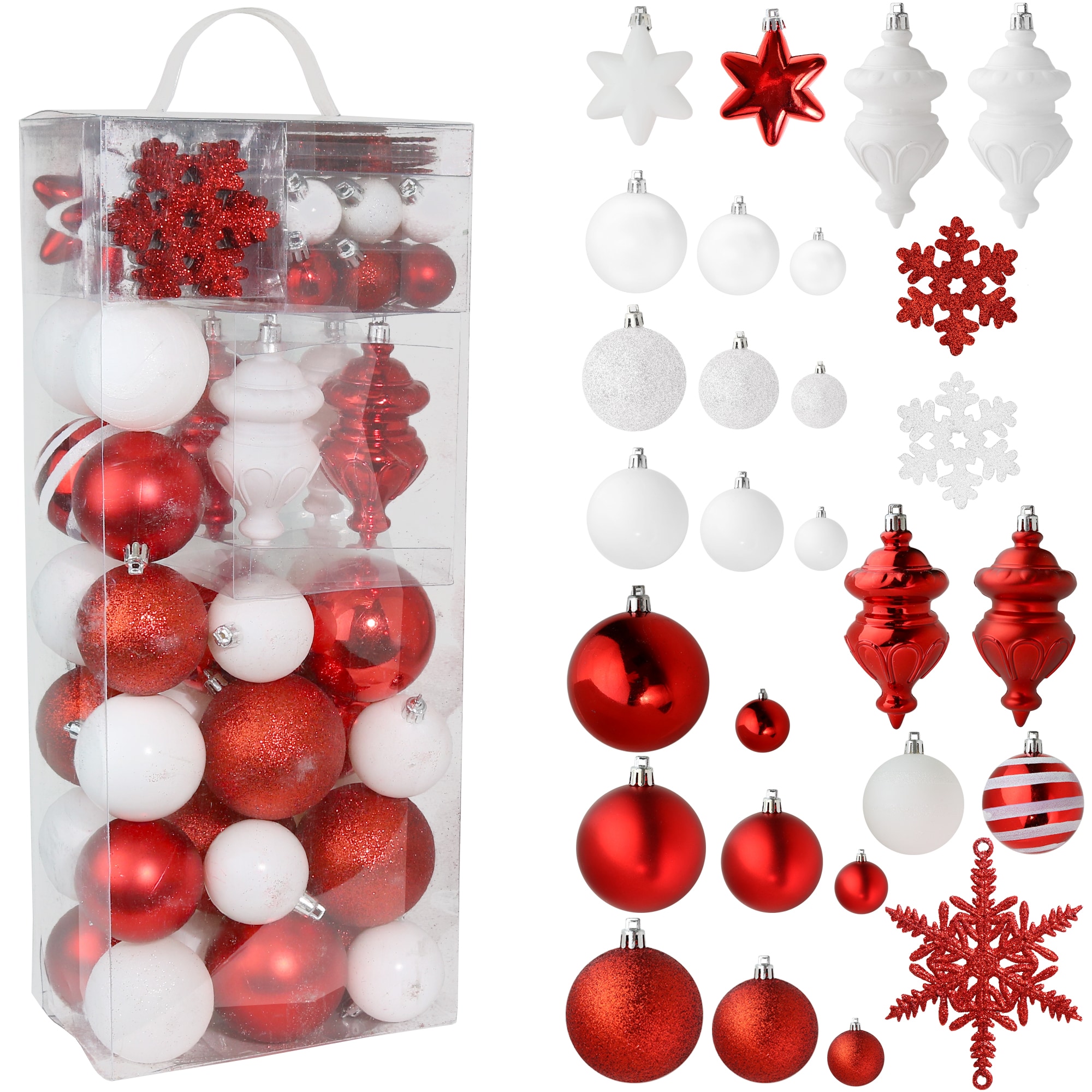 Red and White Shatterproof Plastic Christmas Ornament Set - 76 Pieces