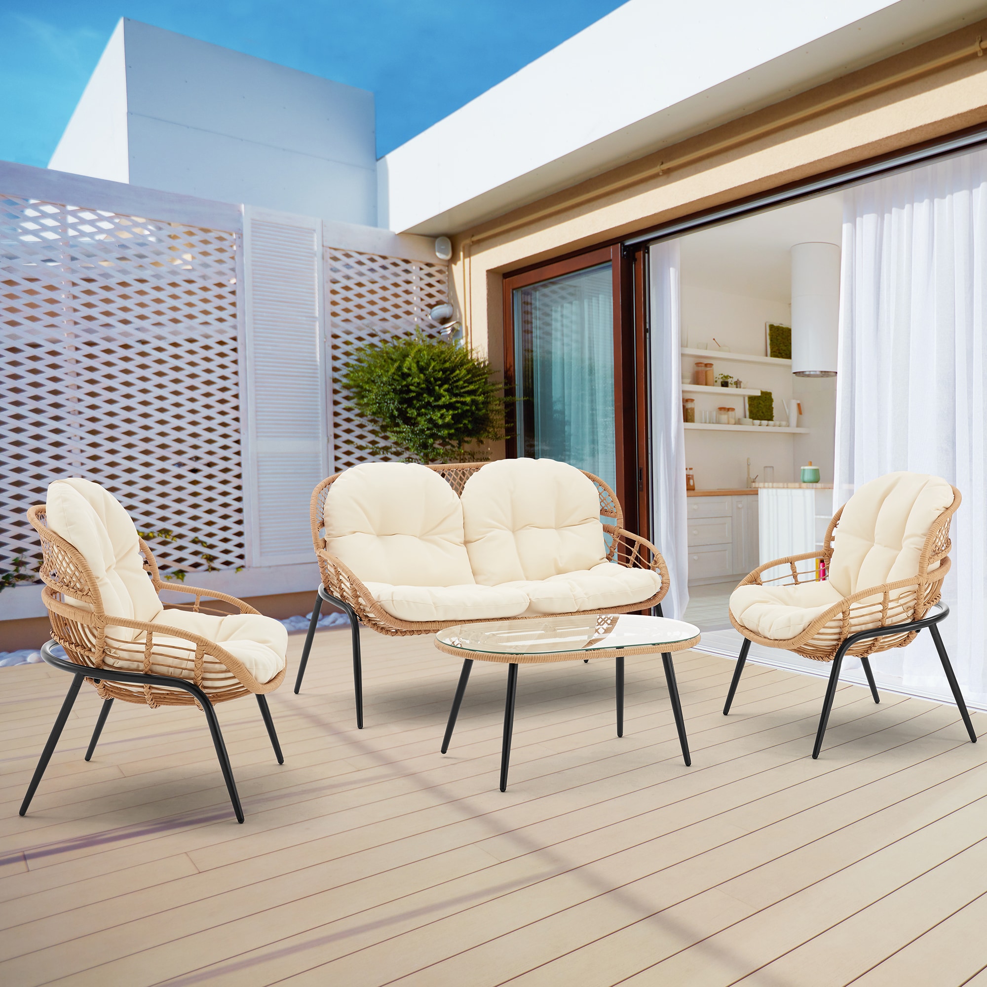 Manhattan Comfort OD-CV022-CR Sunset 4 -Piece Patio Conversation Set with Off-white Cushions