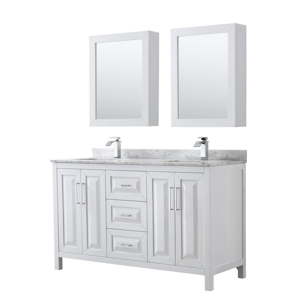 Wyndham Collection WCV252560DWHCMUNSMED Daria 60-in White with Polished Chrome Trim Undermount Double sink Bathroom Vanity with White Carrara Marble Natural marble Top (Mirror Included)