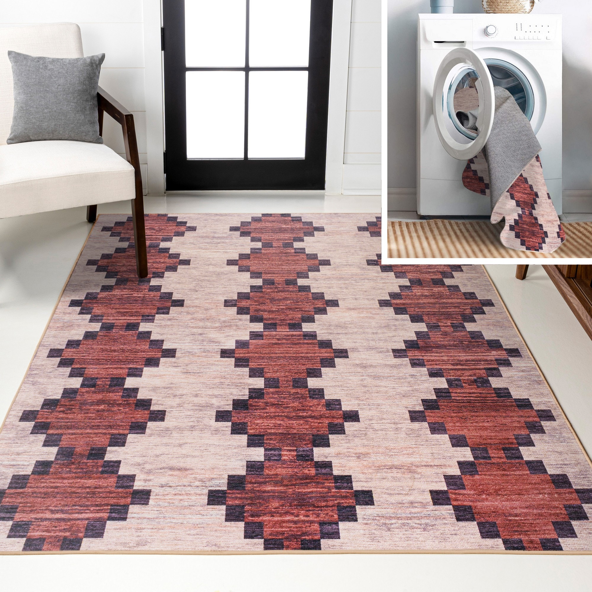 JONATHAN  Y WSH123A-4 WASHABLE Timantii Modern Trellis Kilim 4 x 6 (ft) Loomed Burgundy/Ivory Rectangular Indoor Stripe Southwestern Machine washable Pet Friendly Area rug
