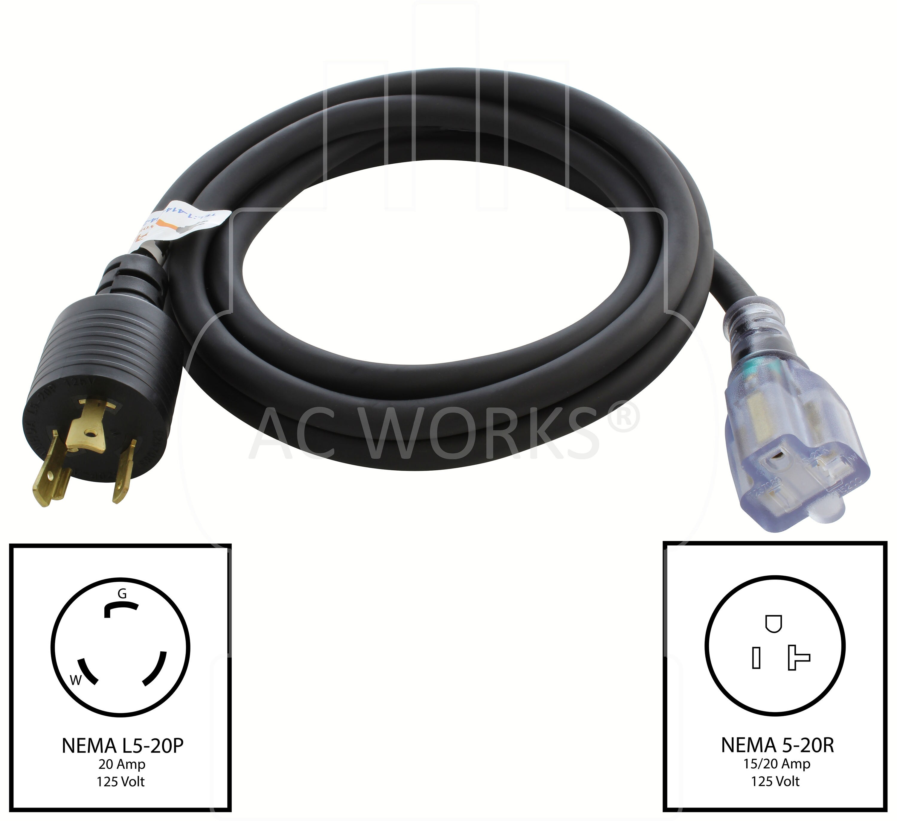 AC WORKS 8ft NEMA L5-20P to NEMA 5-20R 20-Amp 3-wire Grounding Single To  Single Black Basic Flexible Adapter in the Adapters & Splitters department  at