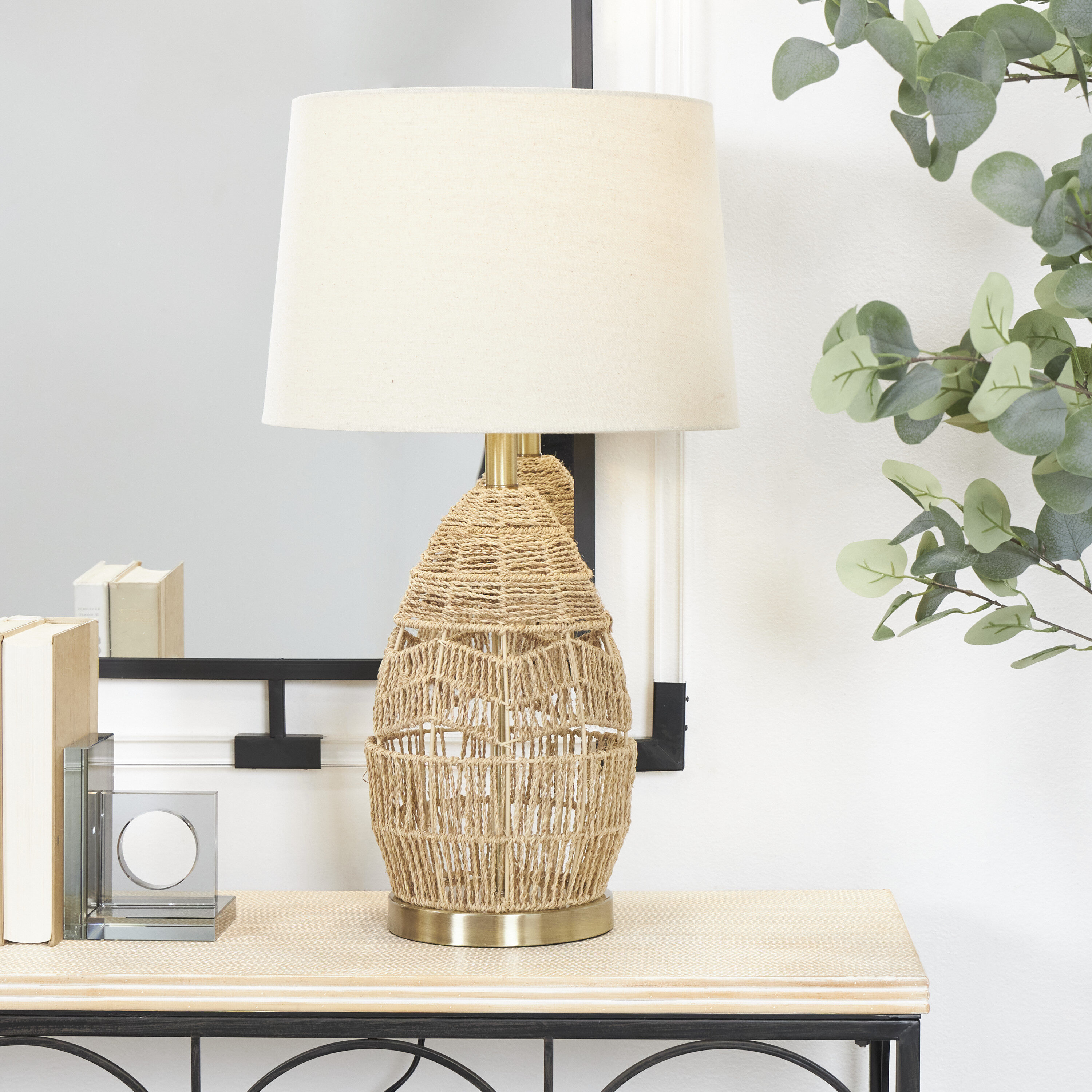 Grayson Lane 820031 26.3-Inches Brown Handmade Woven LED On/Off switch Table Lamp with Linen Shade
