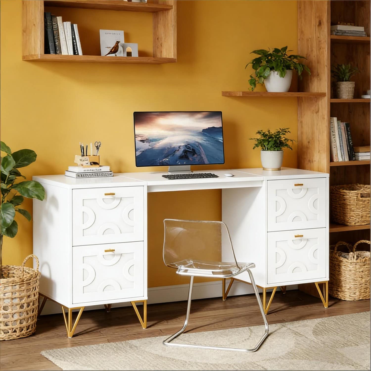 GlasFlength  59-in Office Desk White Wood Computer Desk With 4 File Drawers Stylish Executive Desk Gold Legs Durable and Functional
