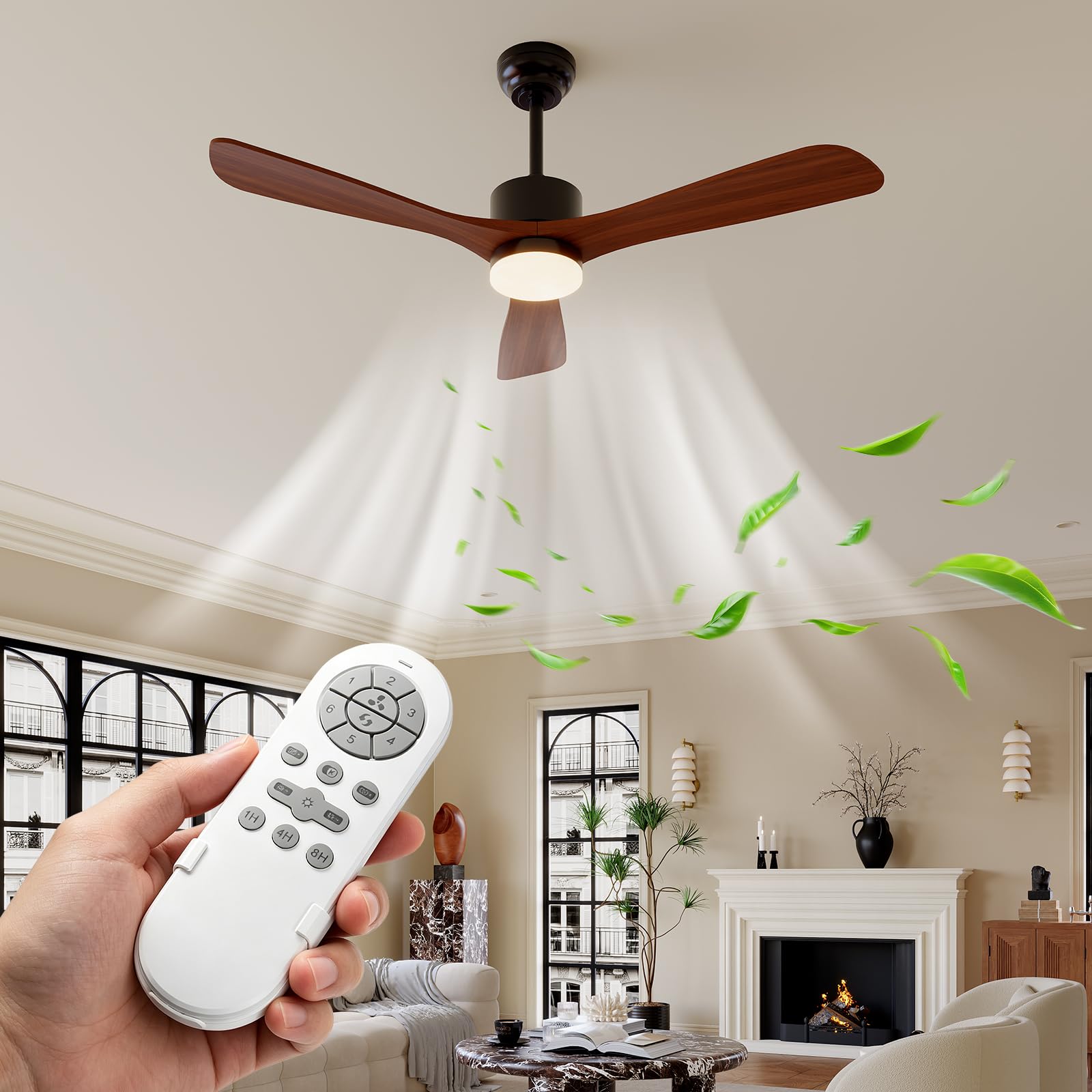 GarveeLife - 48 Inch Ceiling Fans with Lights and Remote Control Solid Wood Blades Ceiling Fan wi...