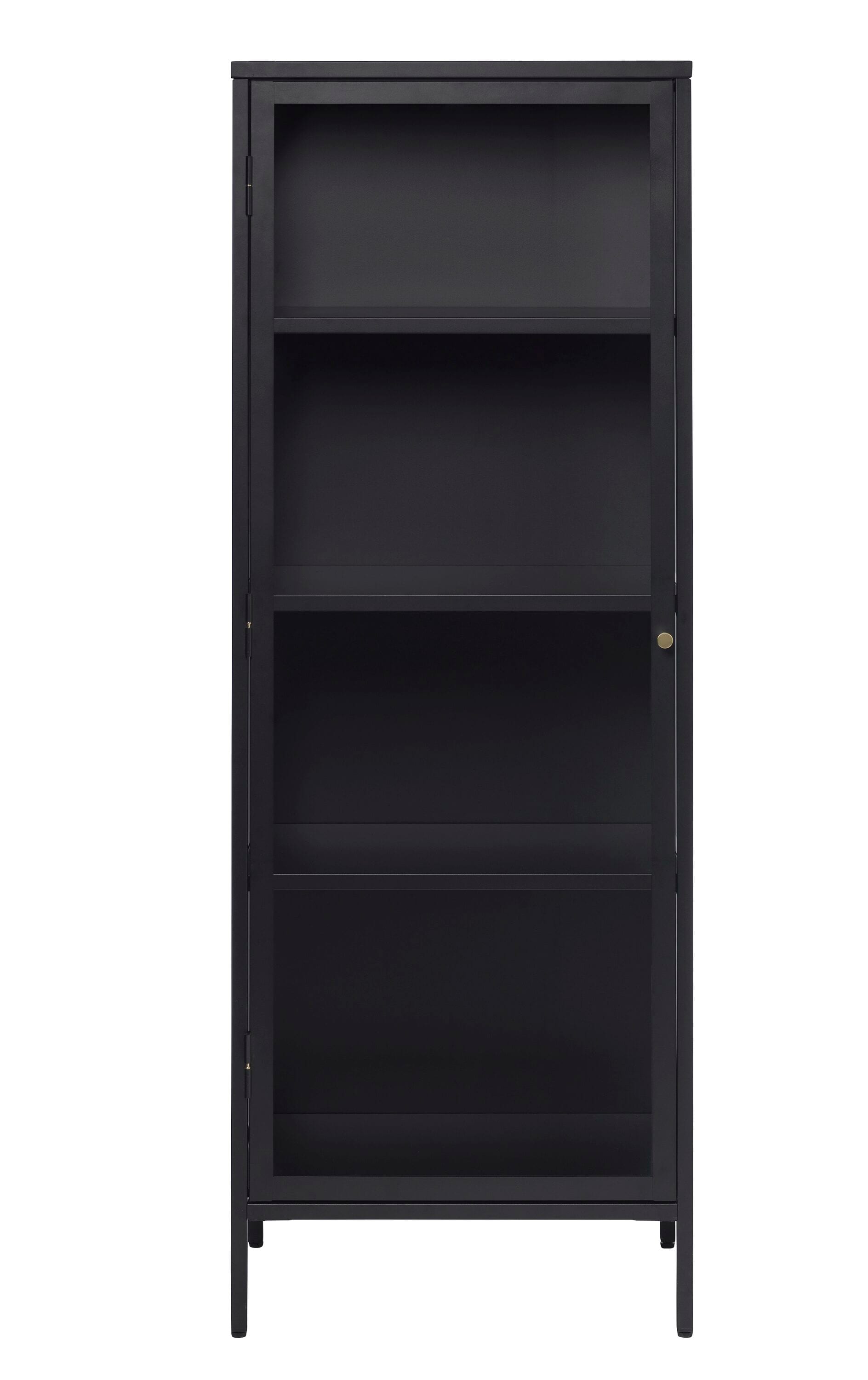 63-Inch Black Metal and Glass Display Cabinet with Brass Knobs