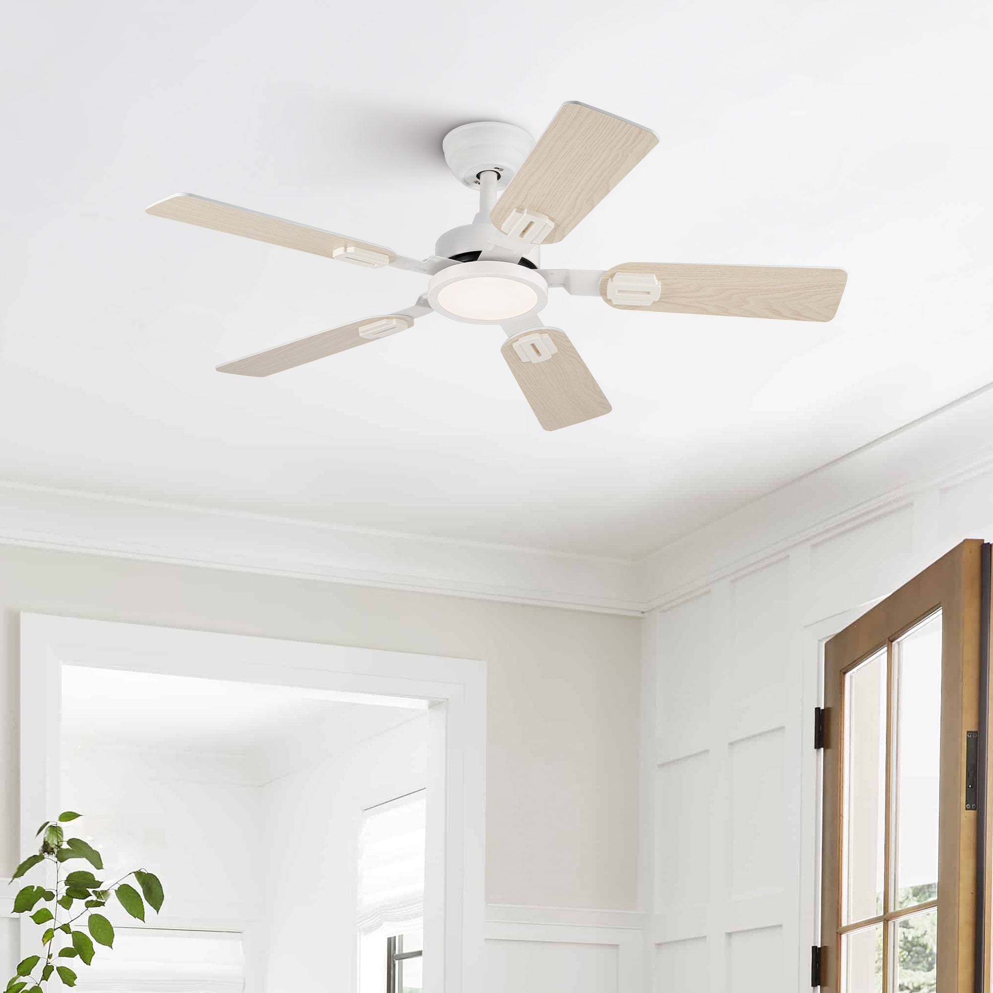 42-in Matte White with Light Yellow Woodgrain Blades Adjustable White LED Ceiling Fan With Light and Remote Control Included 3 -Blade