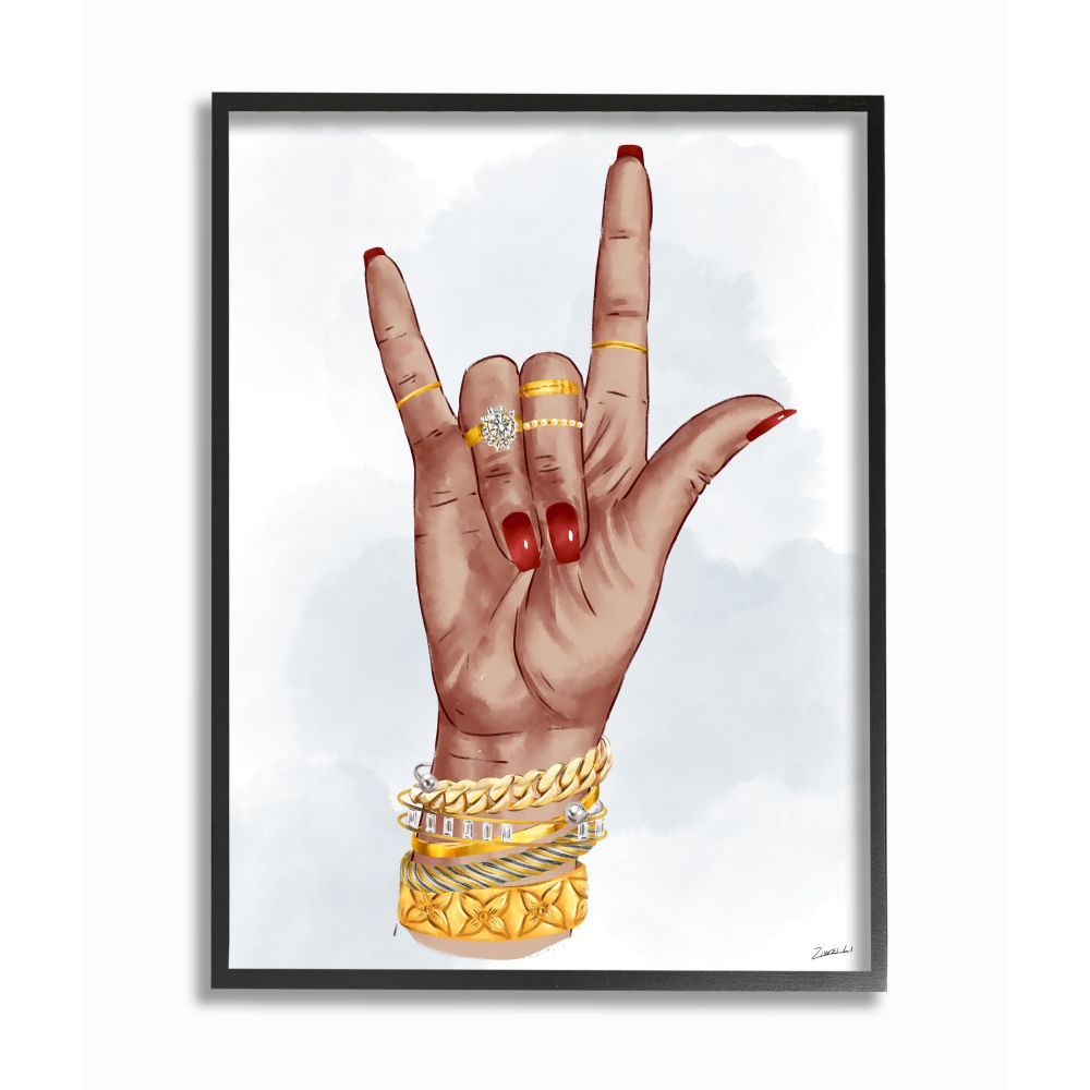 Stupell Industries I Love You Hand Pose Fashion Inspired Accessories Ziwei Li Framed 20-in H x 16-in W Figurative Wood Print in Off-White -  AB-679-FR-16X20