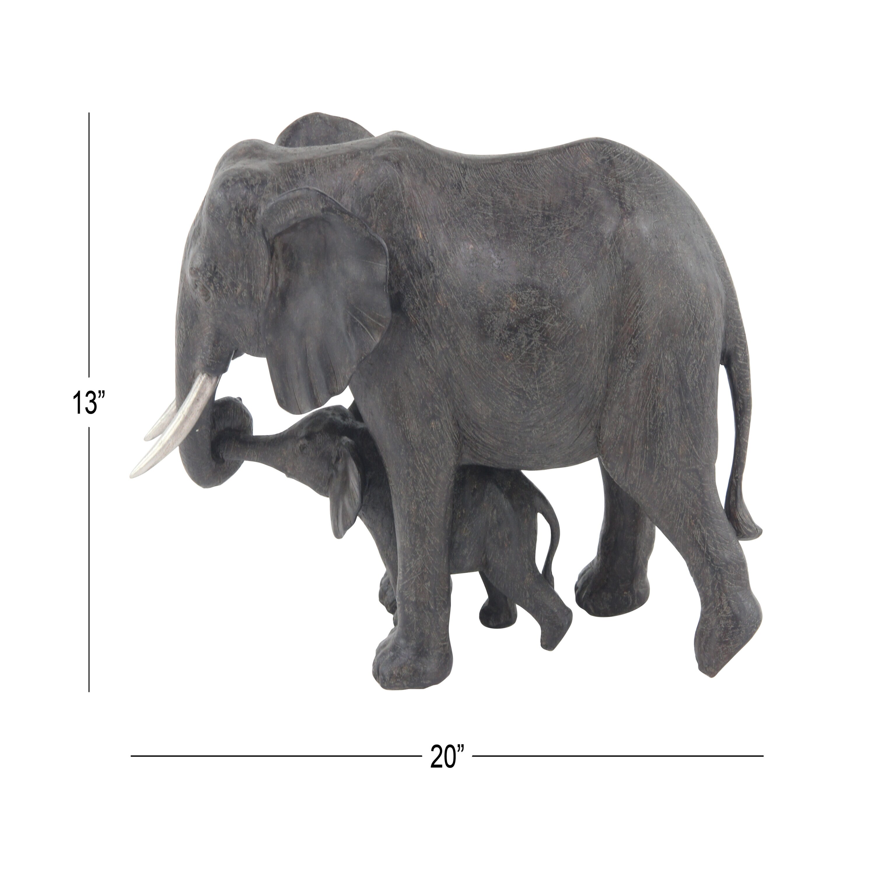 Gray Resin Elephant Mother and Calf Sculpture
