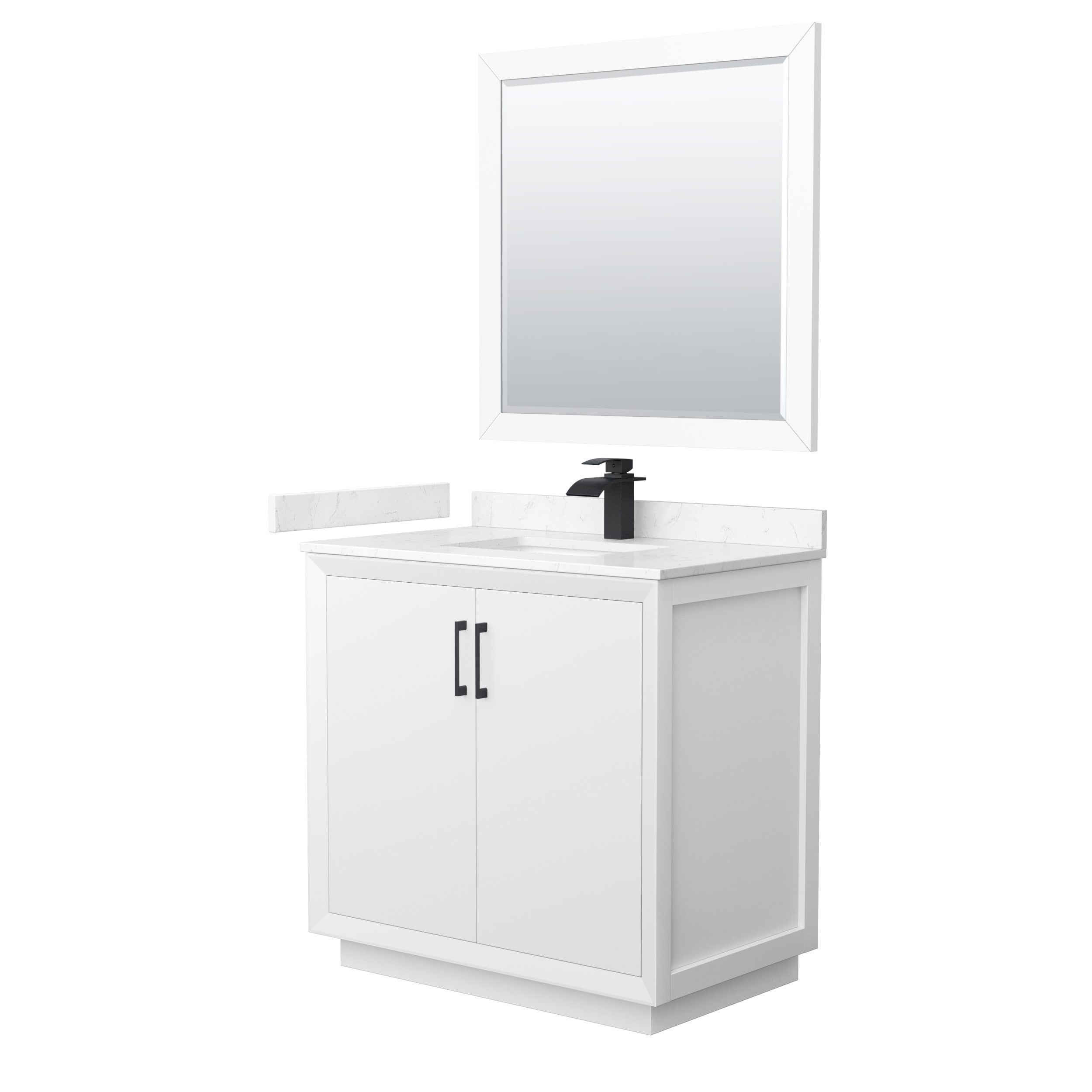 Wyndham Collection WCF414136SWBC2UNSM34 Strada 36-in White with Matte Black Trim Undermount Single sink Bathroom Vanity with Carrara cultured marble Cultured marble Top (Mirror Included)