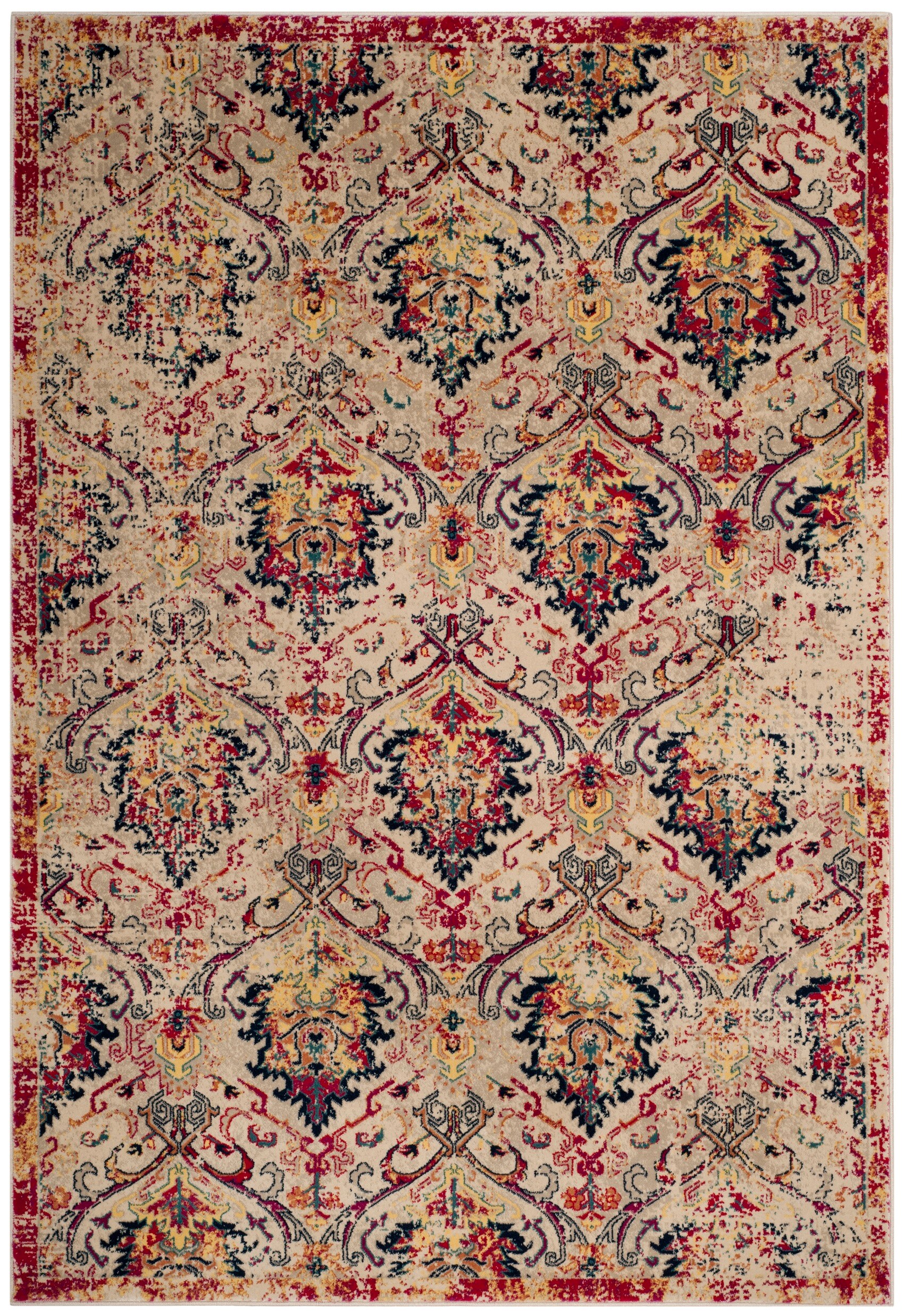 Ivory and Fuchsia Damask Patterned 4' x 6' Area Rug