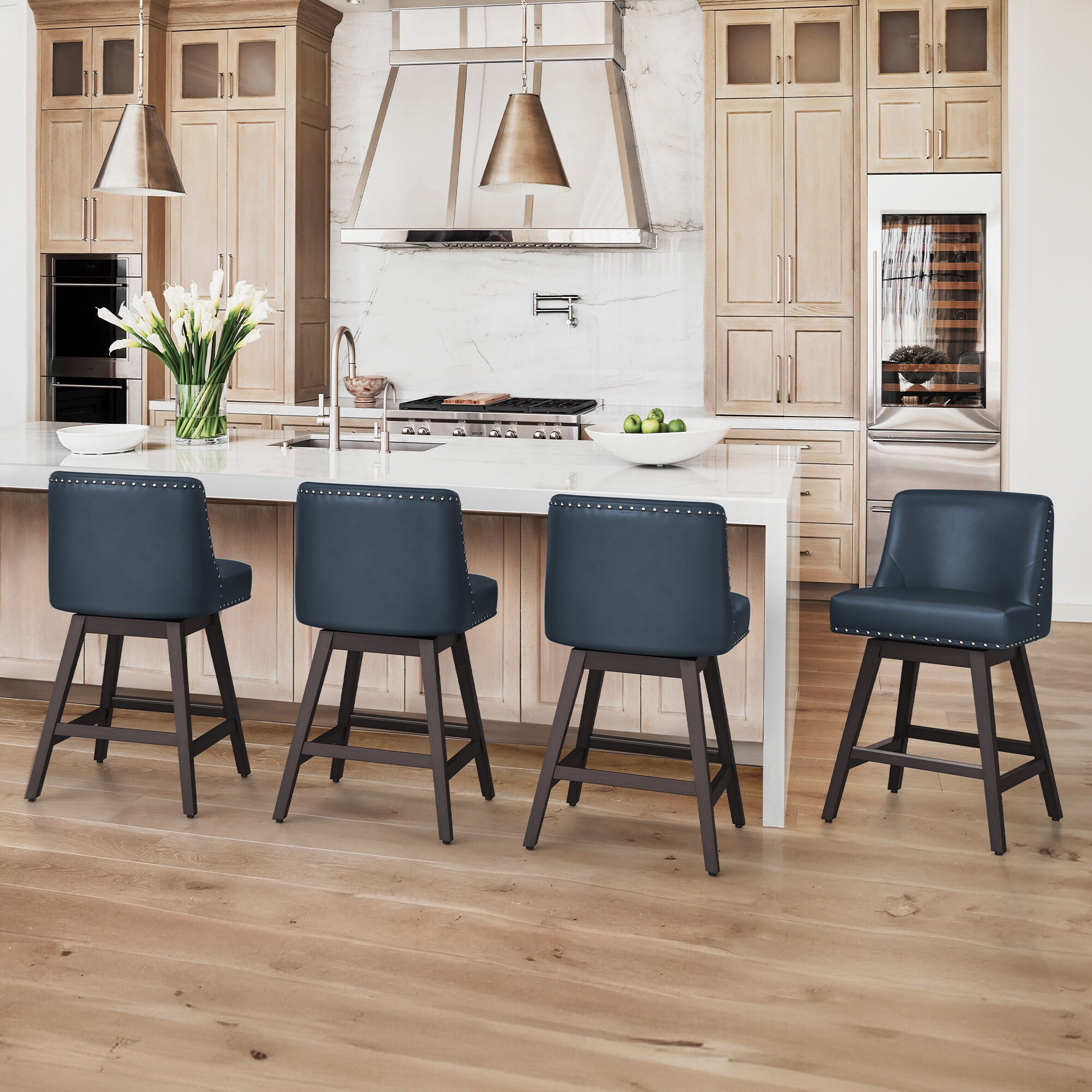LUE BONA 4YB-039-08LS Set of 4 Navy Blue 26-in H Counter height (24-in to 27-in) Square Seat Upholstered Swivel Wood Back Bar Stool Back