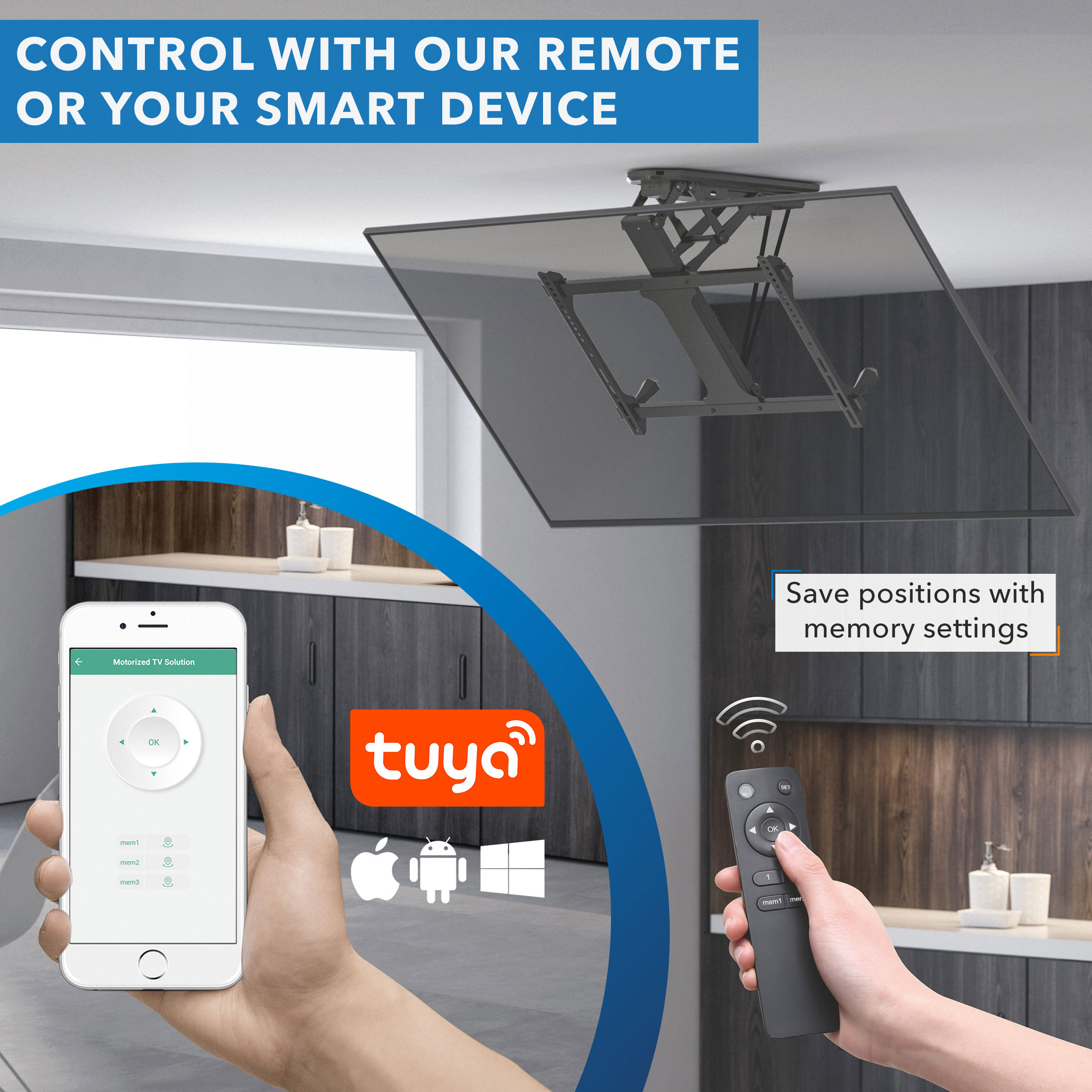 Motorized Black Steel Ceiling TV Mount for 32-70 Inch Screens