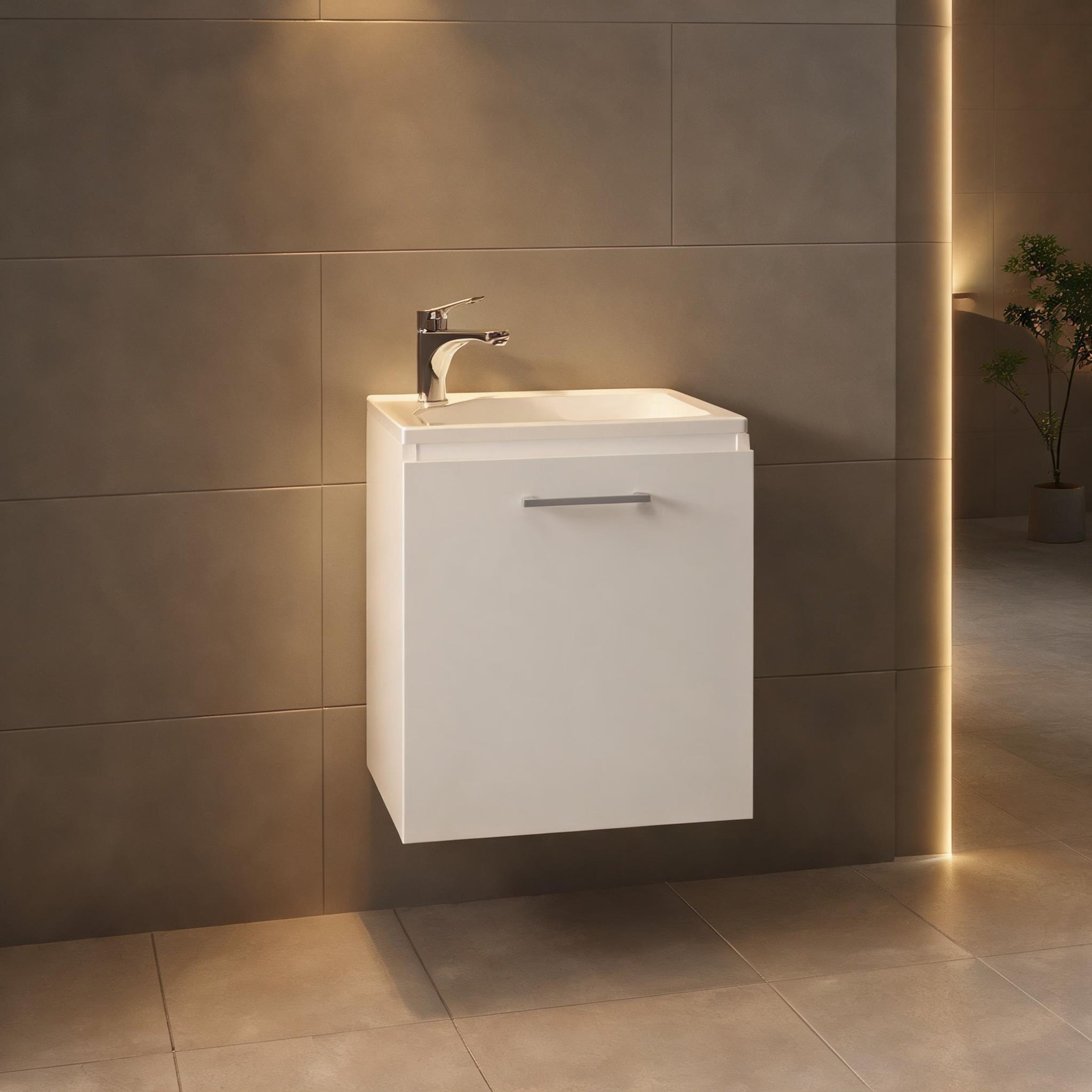 Watnature - Floating Single-Door Vanity with Compact Storage White-Toned MDF Resin Sink