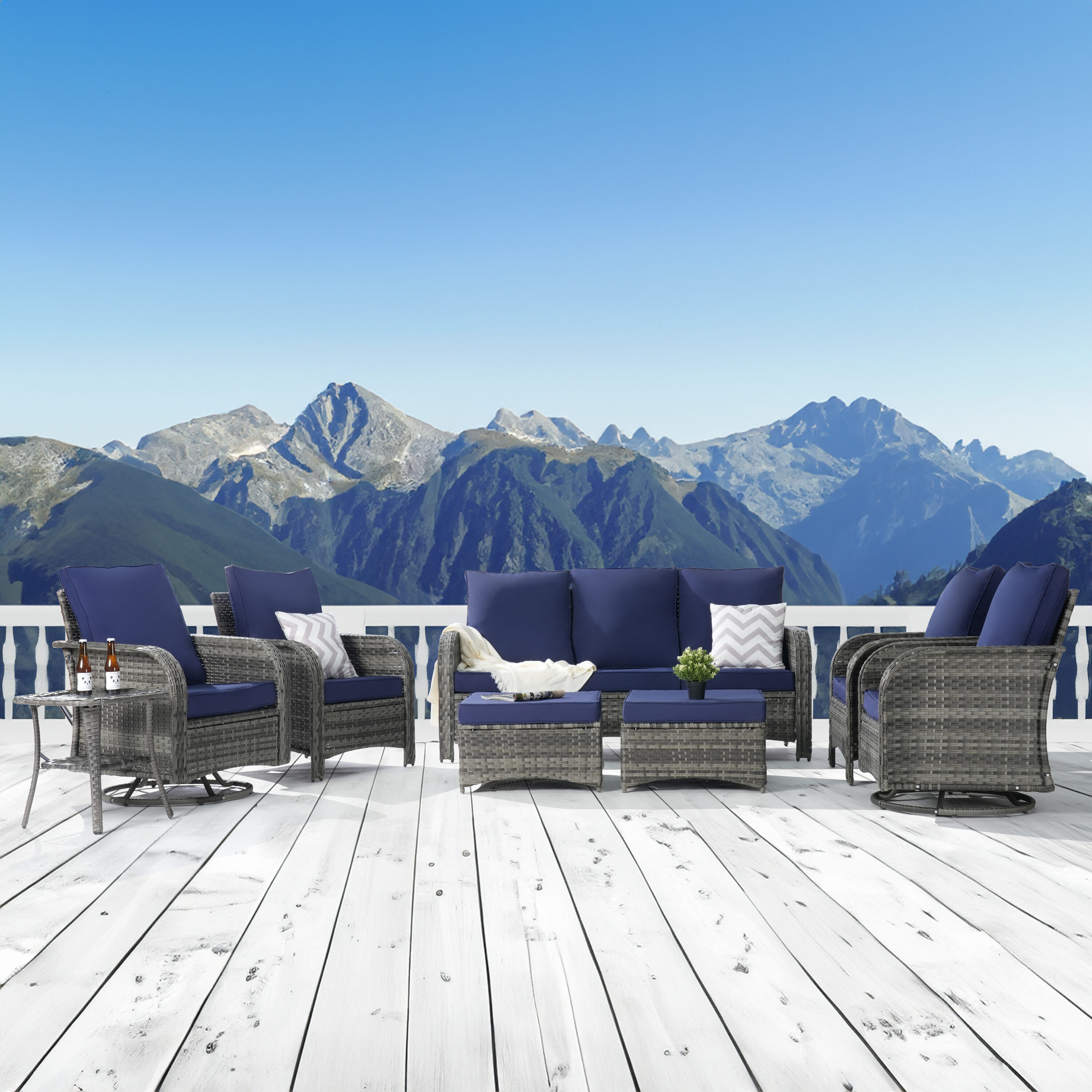 SANSTAR L-WS800-NY-8V1 Patio Conversation Set 8 -Piece Wicker 2 Patio Sofa Conversation Set with Blue Cushions