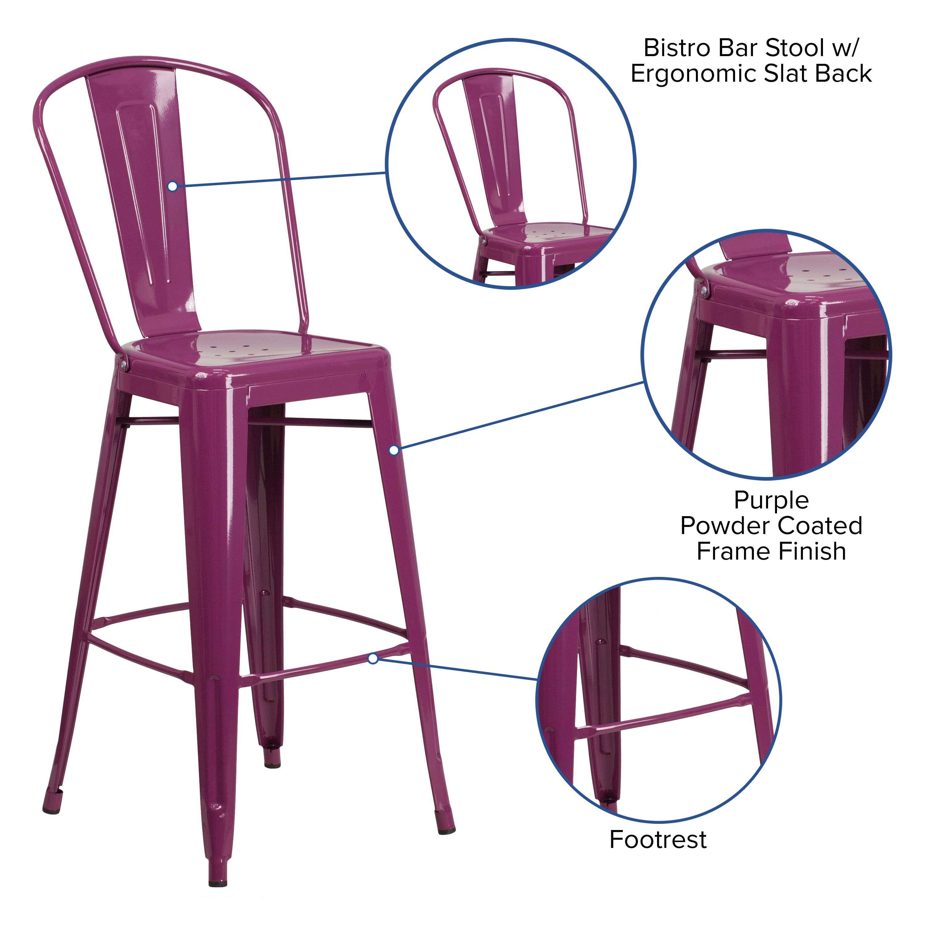 Purple Metal 30" High Indoor-Outdoor Barstool with Back