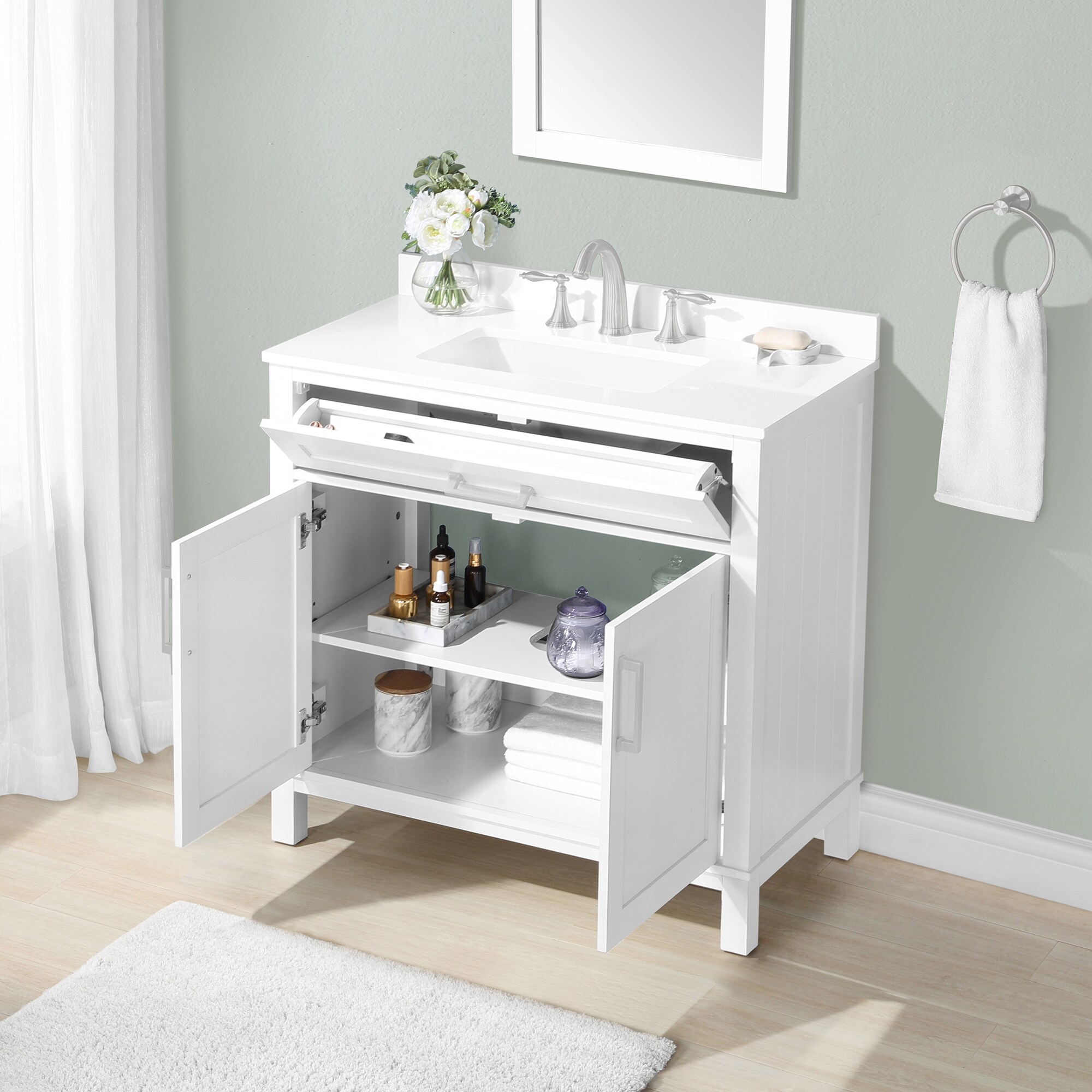 86 inch Single Sink Bathroom Vanity Set Including Makeup Table and 3  Matching Mirrors Antique White Color (86Wx22Dx36H) S7530