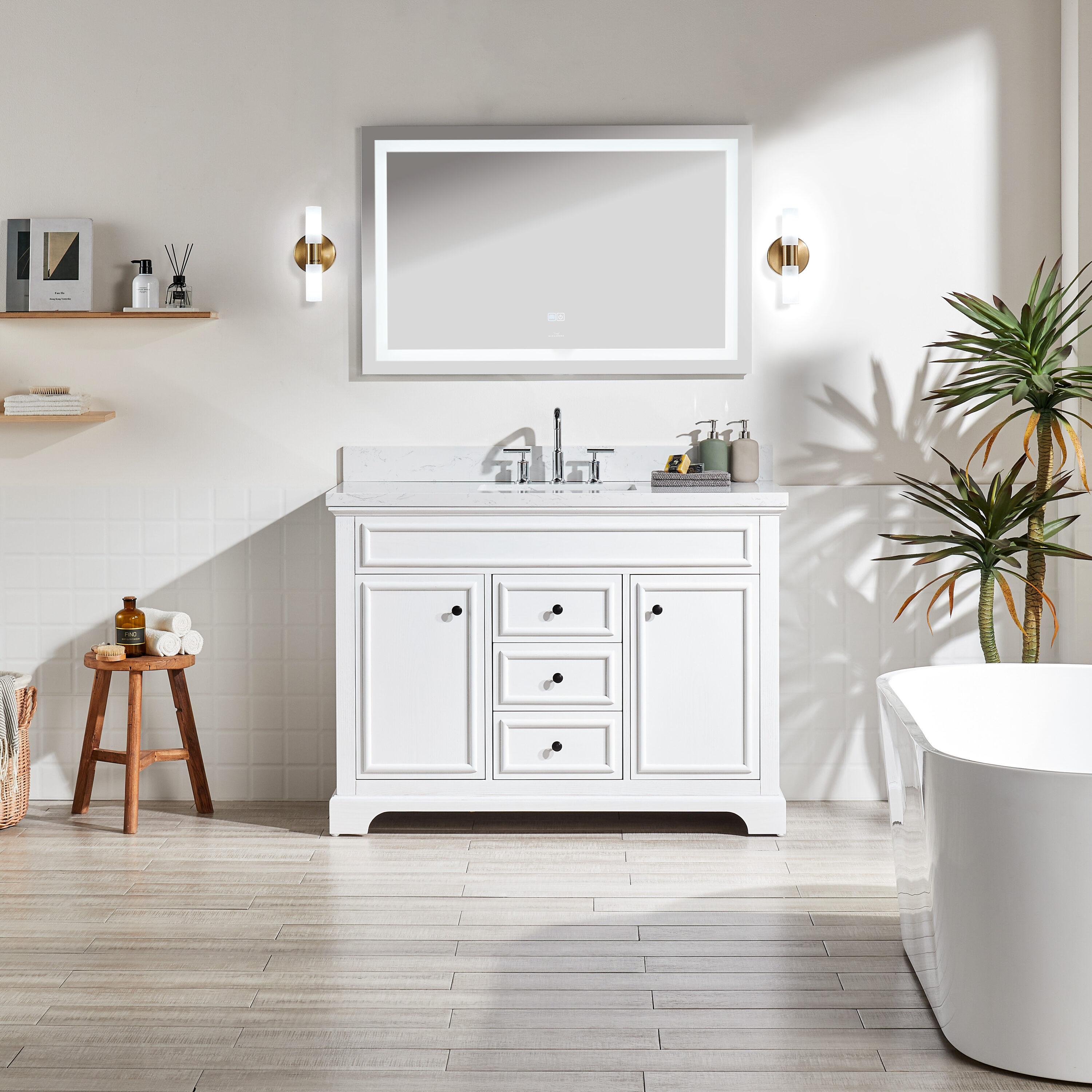 WELLFOR AMMR-06 Full Assembled Solid Wood Bathroom Vanity 48-in White Undermount Single Sink Bathroom Vanity with White Engineered Marble Top
