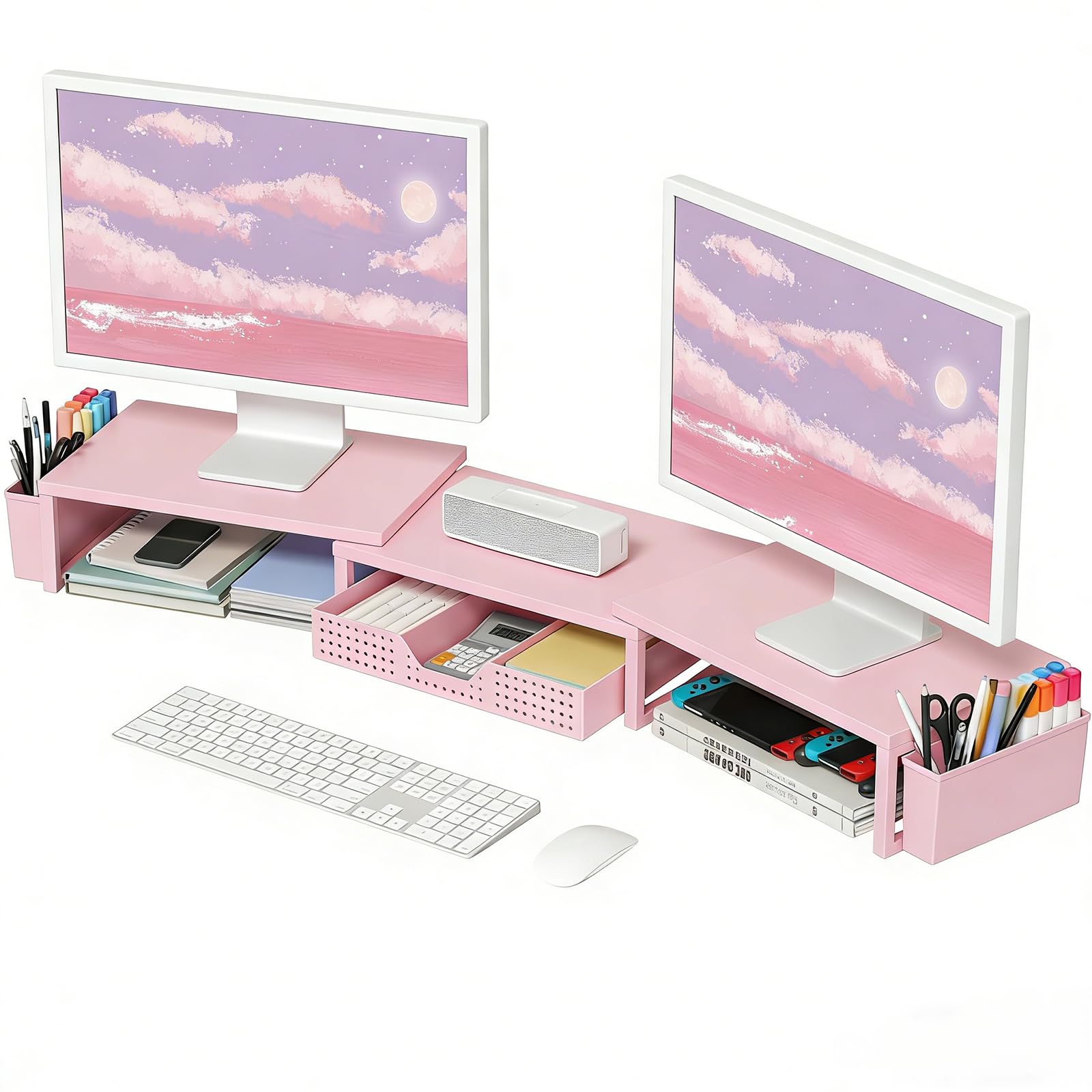 KIWDZFU -  Dual Monitor Stand Riser with Drawer and Pen Holders Wood Desk Organizer for Computer ...