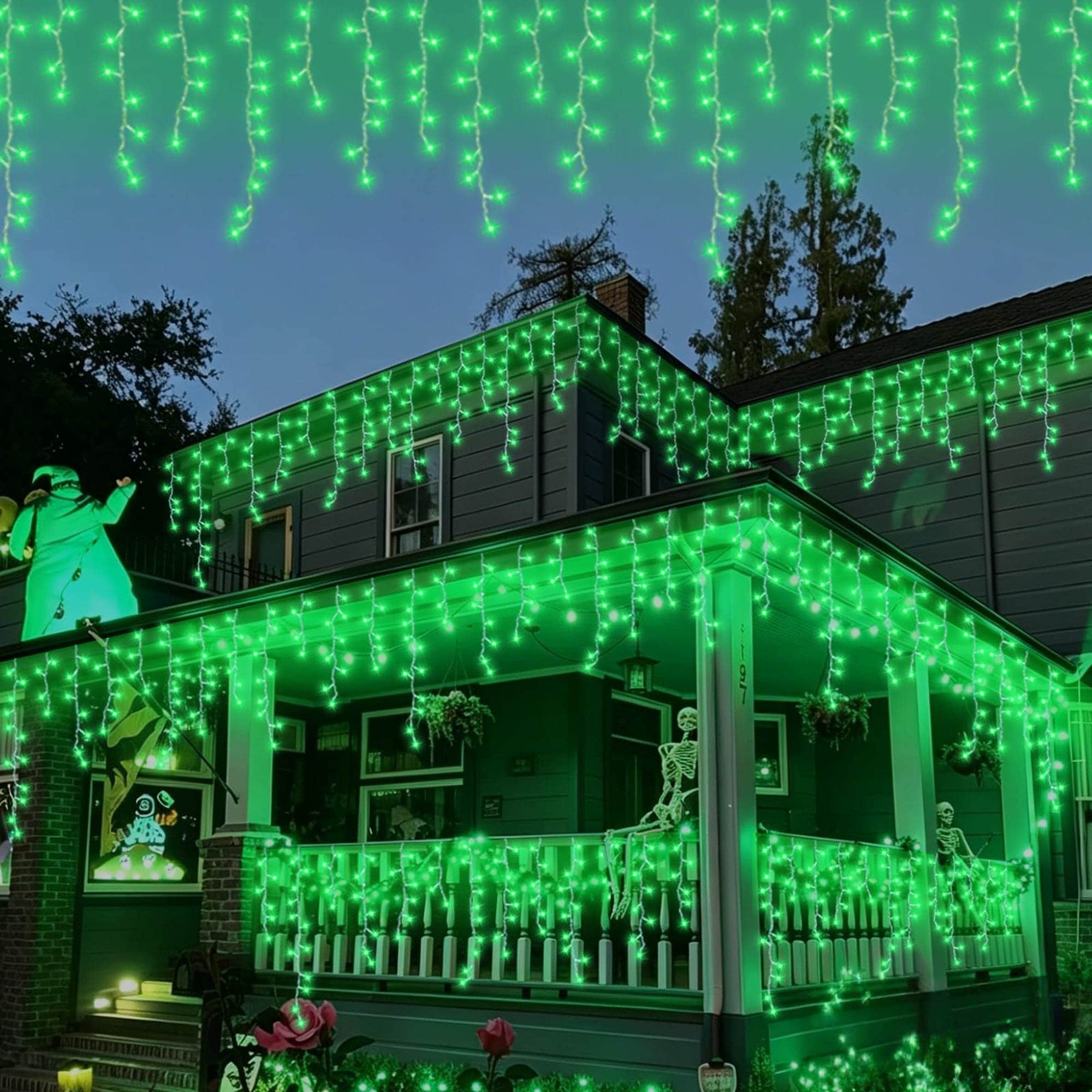 Angel Sar 33 Feet 400 LED Green Halloween Icicle Lights with 80 Drops Connectable 8 Modes Memory Function for Outdoor Patio Eaves Yard Decor