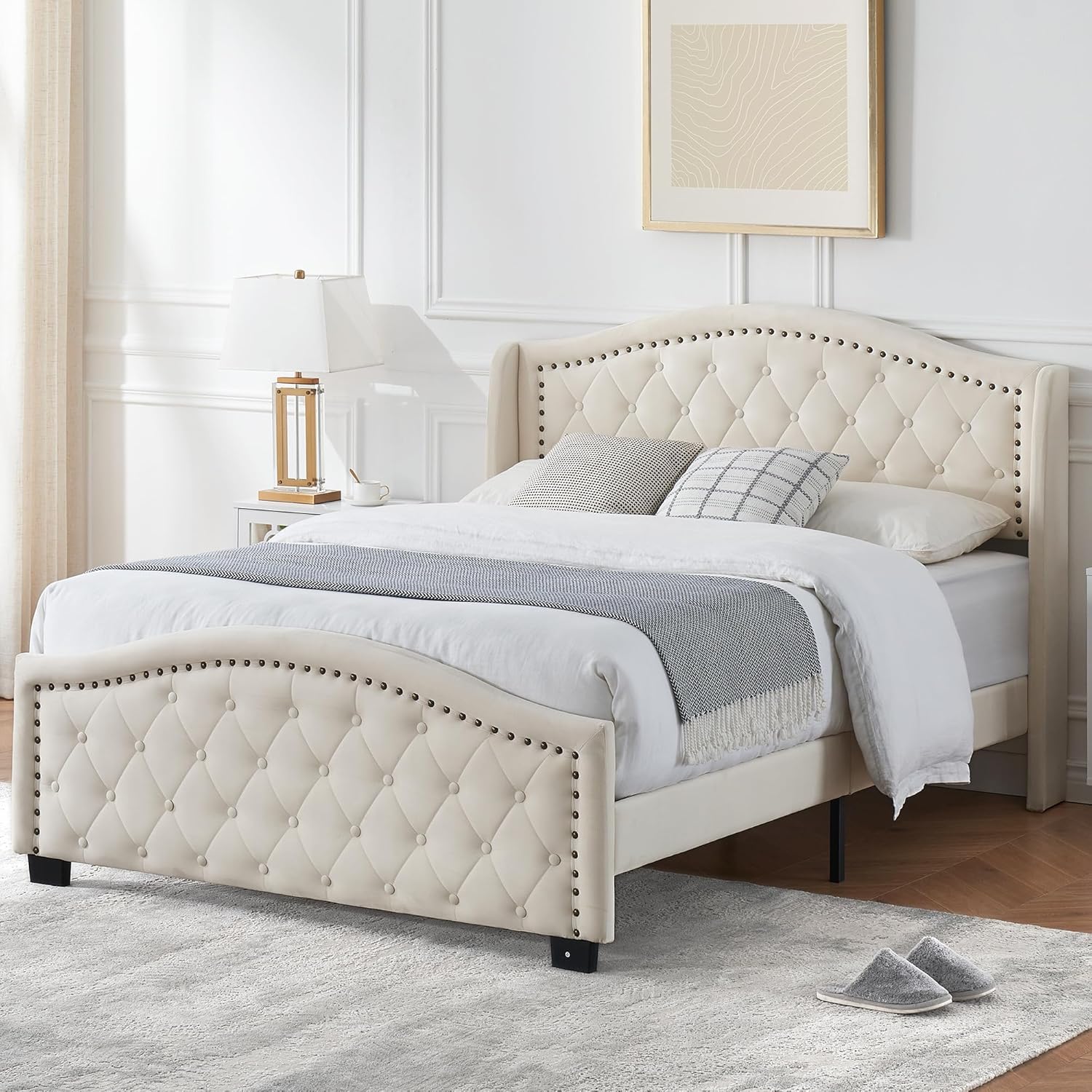 Qeetex LHF-BED-PHO-0YAZ188A Queen Size Upholstered Platform Bed Frame with Tall Headboard 47 inch Queen Bed with Velvet Button Tufted and Nailhead Trim Wingback Headboard Luxurious Arched Footboard Beige