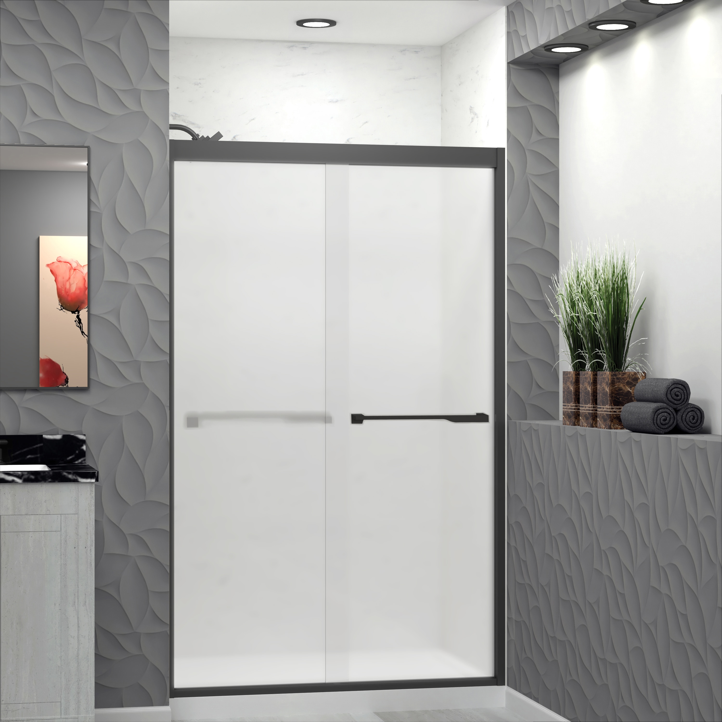 Transolid FBPT487608F-J-MB Frederick Matte Black 45-3/4-in to 47-in x 76-in Semi-frameless Sliding Soft Close Shower Door