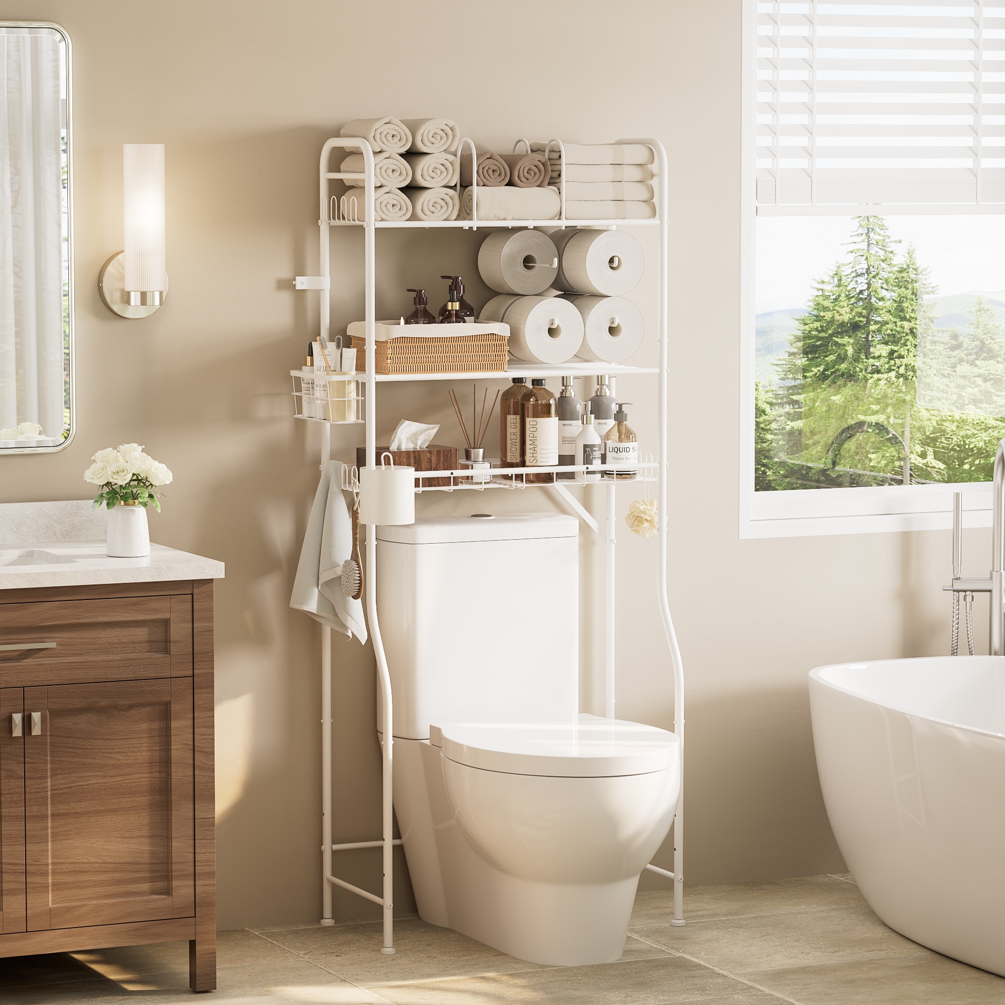 TETOTE  29-in x 62-in x 13-in White Metal 3-Shelf Over The Toilet Storage Freestanding Shelf Over Toilet and Basket Toilet Storage