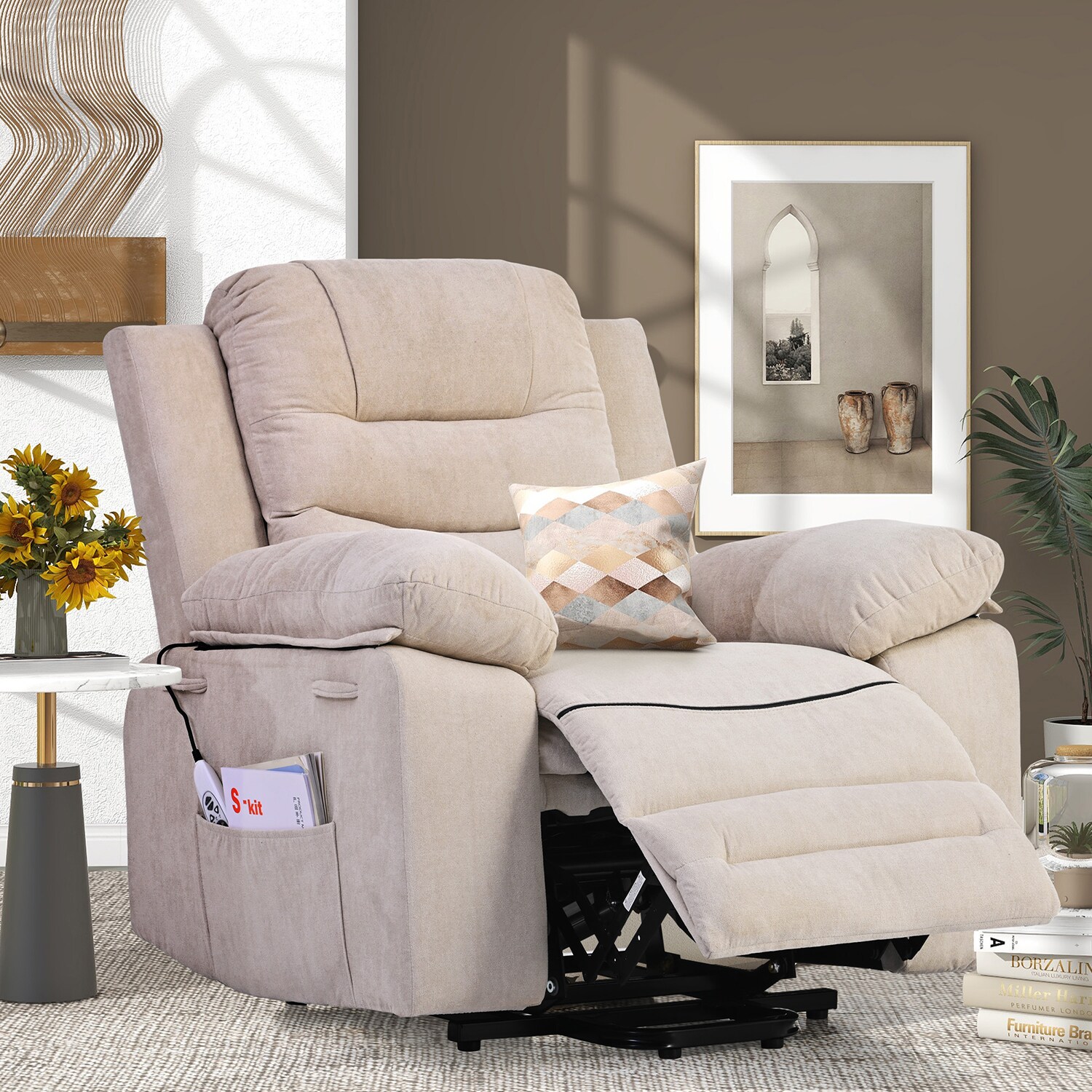 Mondawe Beige Linen Upholstered Tufted Swivel Powered Reclining Massage chair with Lift Assistance #MO-AA94736