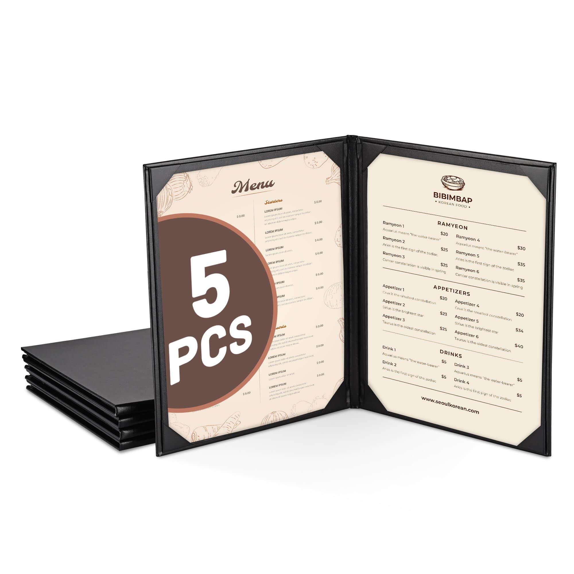Yescom 26MNC032-811B2-06-LO WeChef 5 Pack Menu Covers 8.5X11IN 2 Views Faux Leather Cafe Restaurant Bars