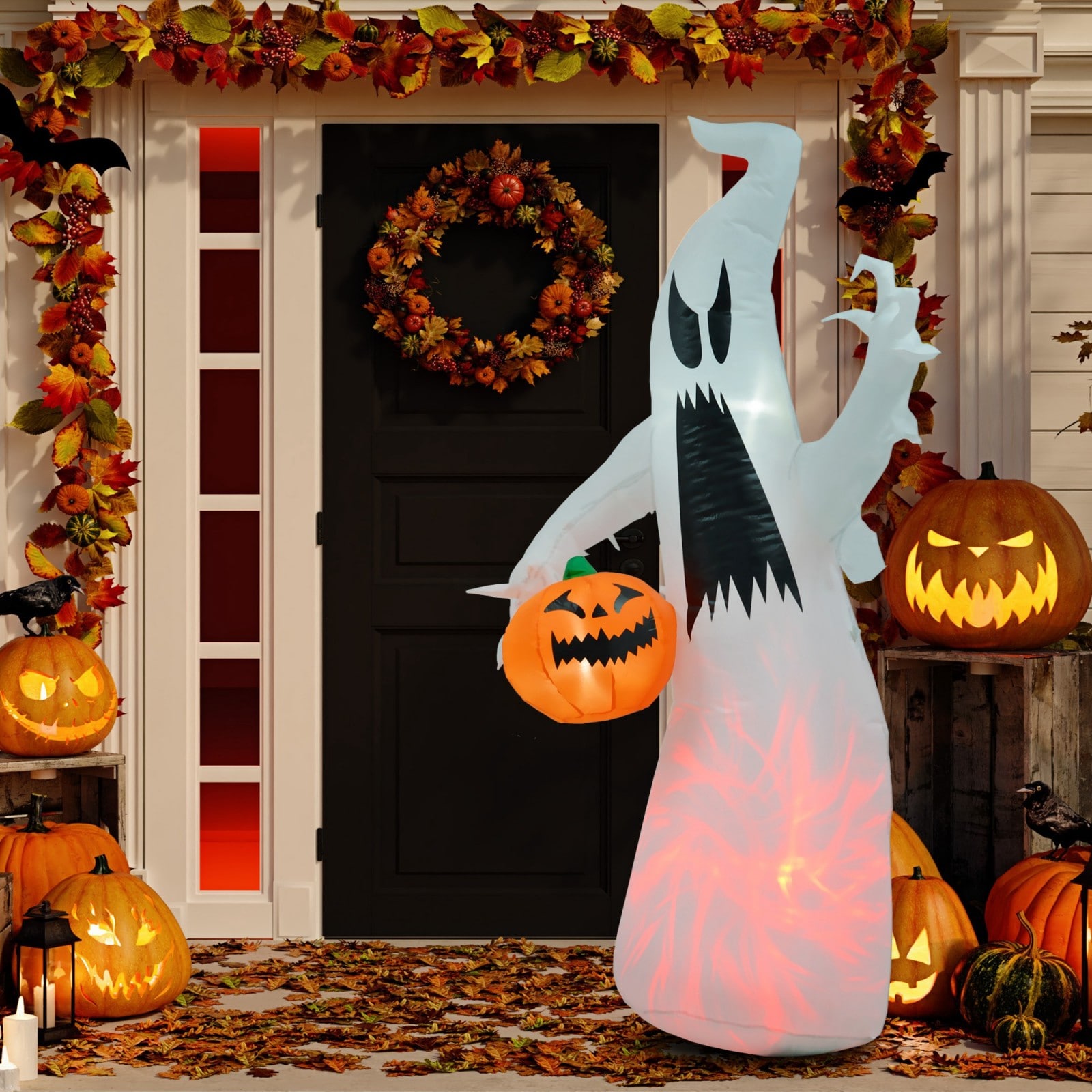 GlasFlength  5.9FT Inflatable Ghost Halloween Decoration with Pumpkin LED Lights Blow Up Yard Halloween Decor Outdoor Holiday Display for Garden Lawn Party White
