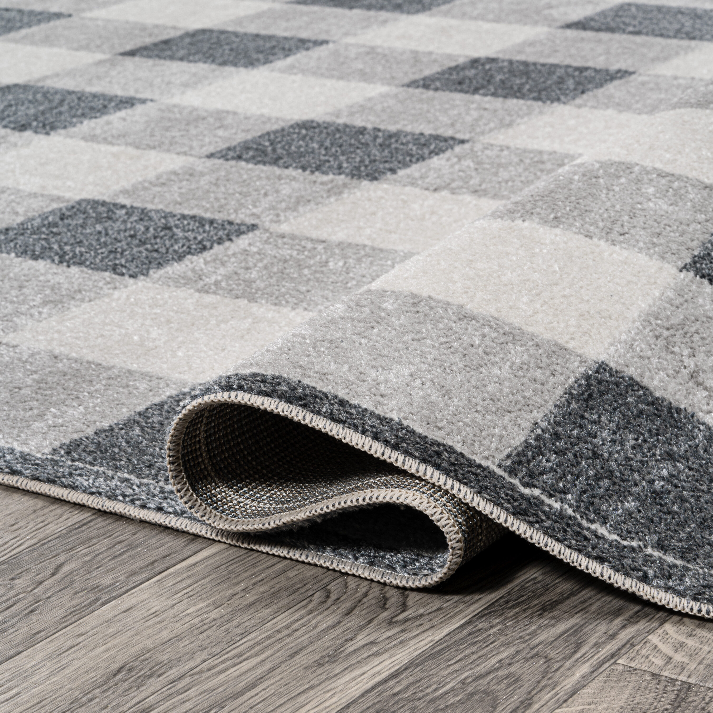 Gray Gradient Plaid Washable Synthetic Area Rug, 3 x 5
