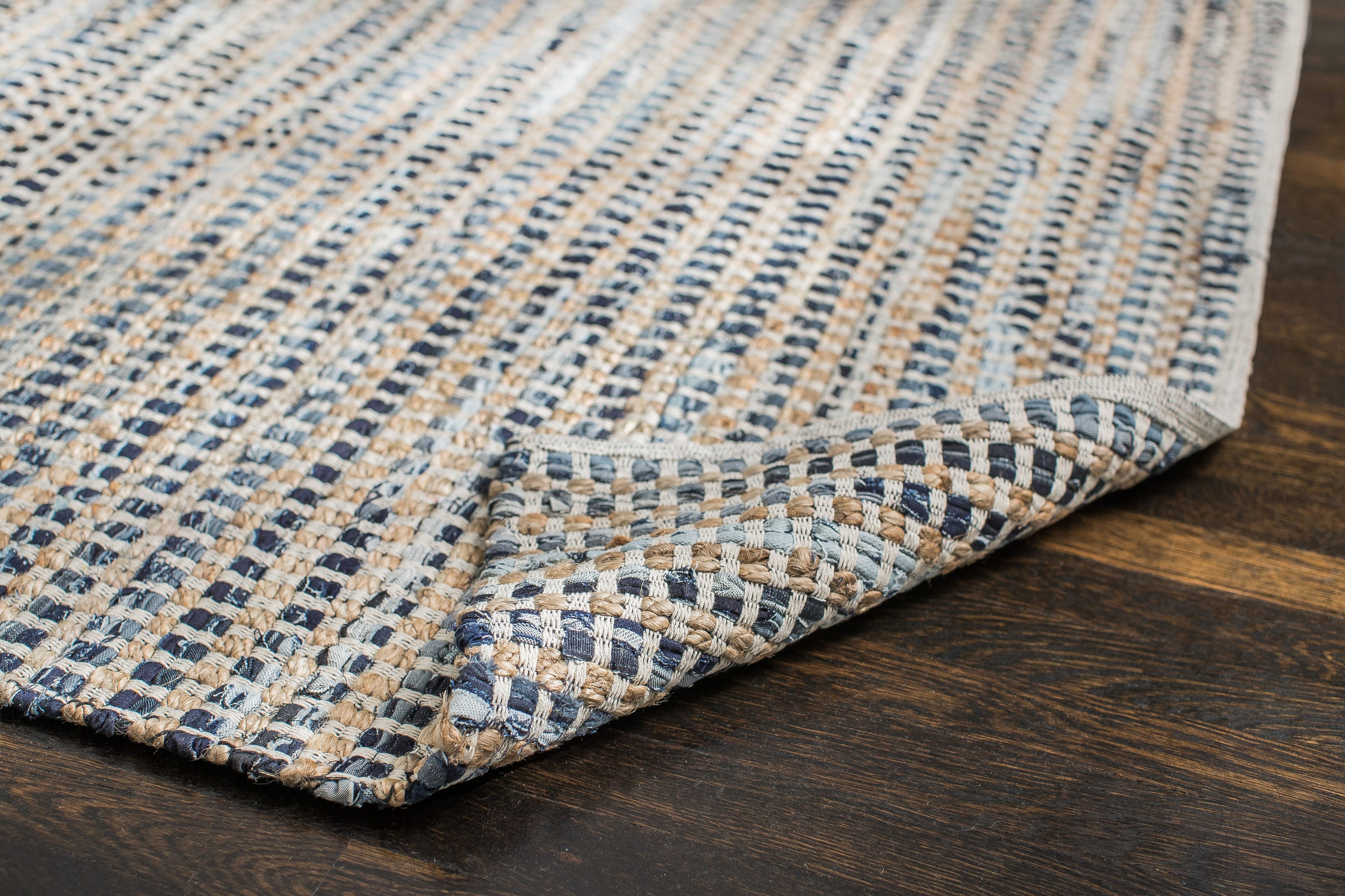 Handmade Blue Wool and Cotton 8' x 10' Rectangular Rug