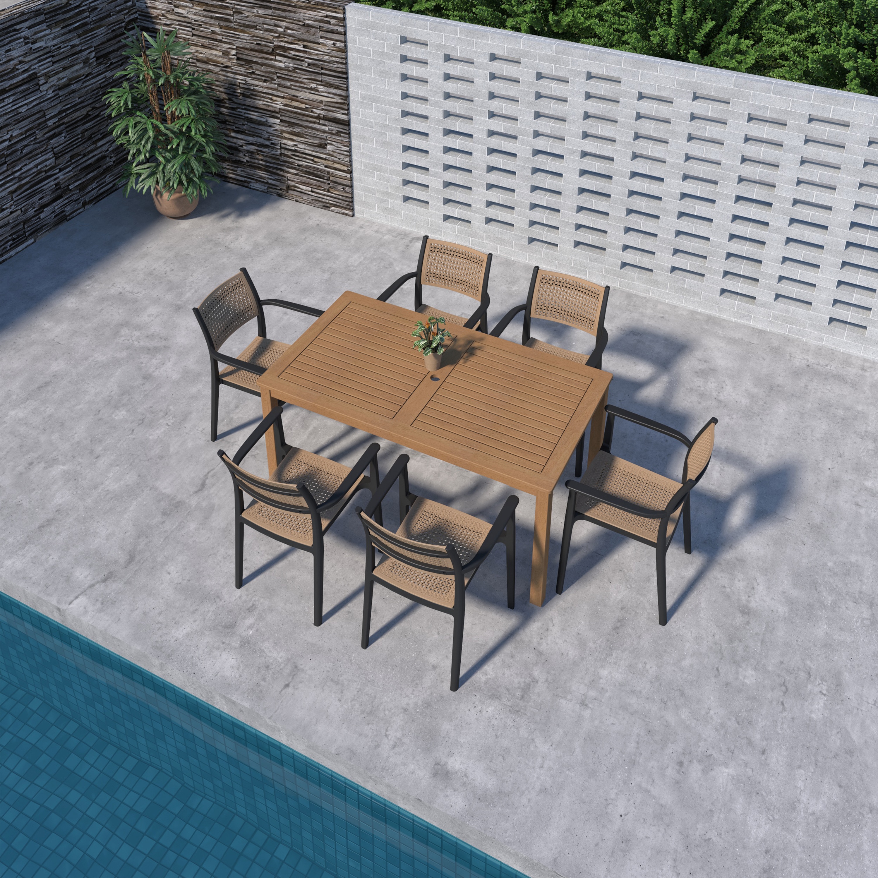 Amazonia LWS-ORL-6-ARU BK Outdoor 5 -Piece Wood Patio Dining Set Wood Rectangle Table with 4 Stackable Stationary and Motion Chairs